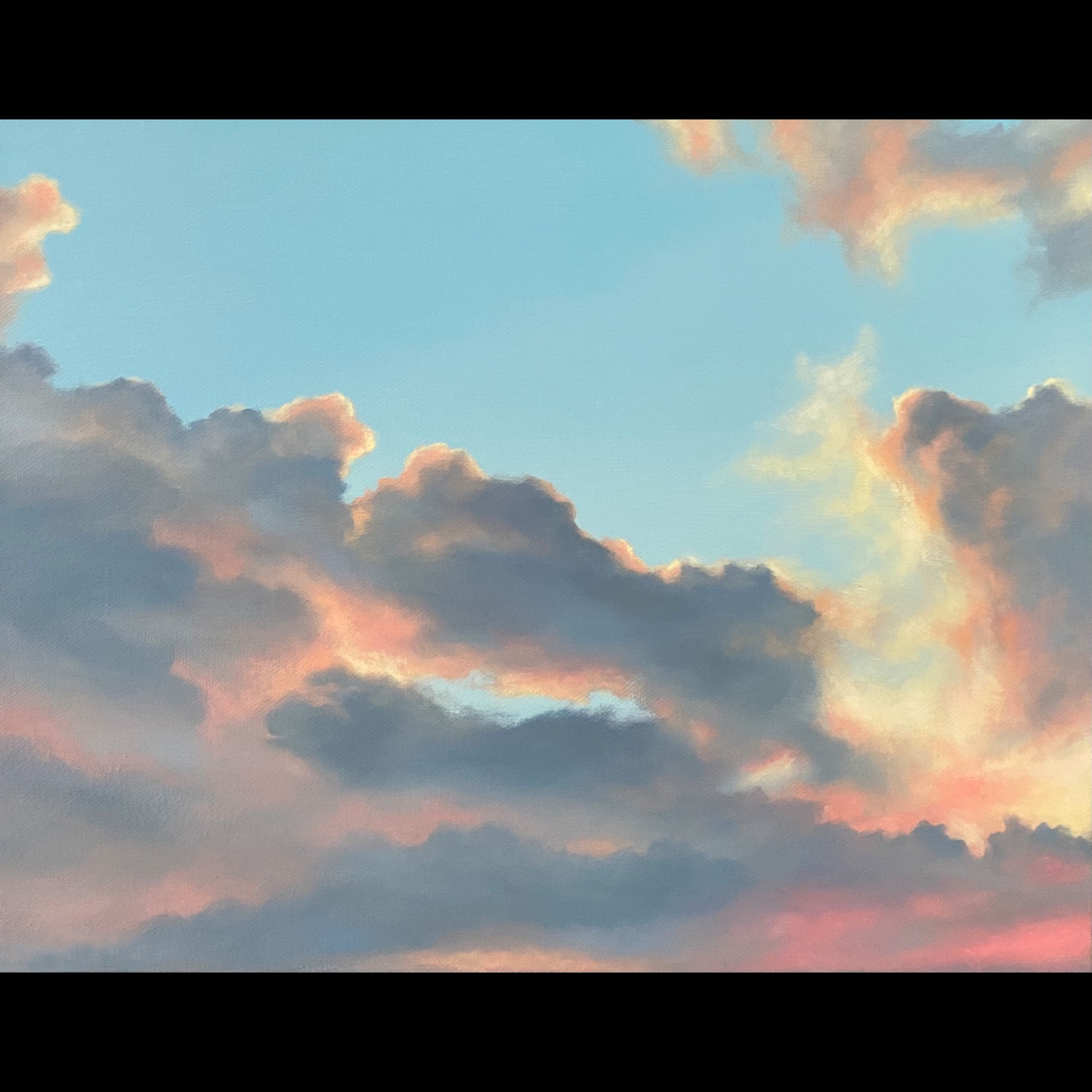 A painting of clouds against a blue sky.
