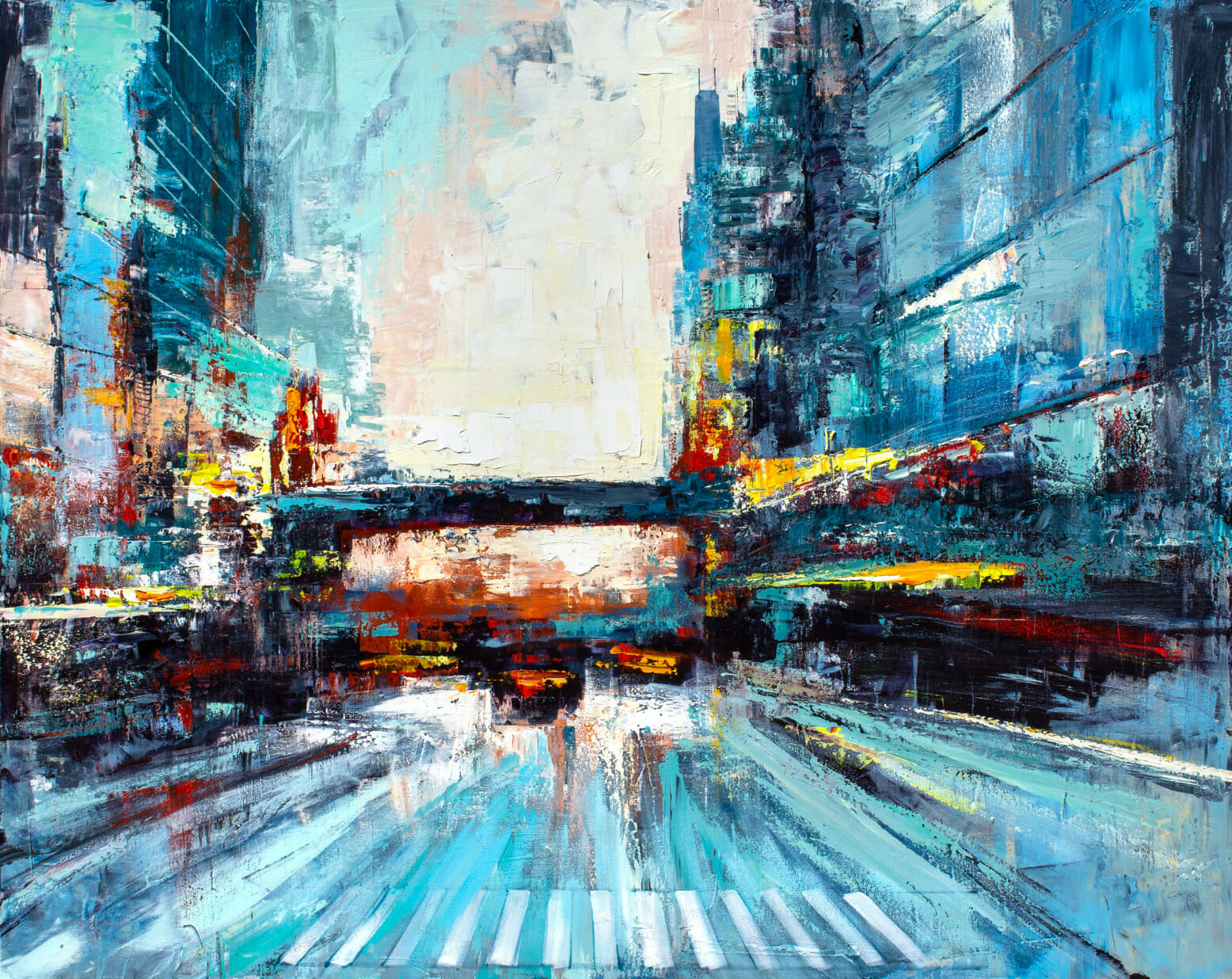 Painting of a street in a city.