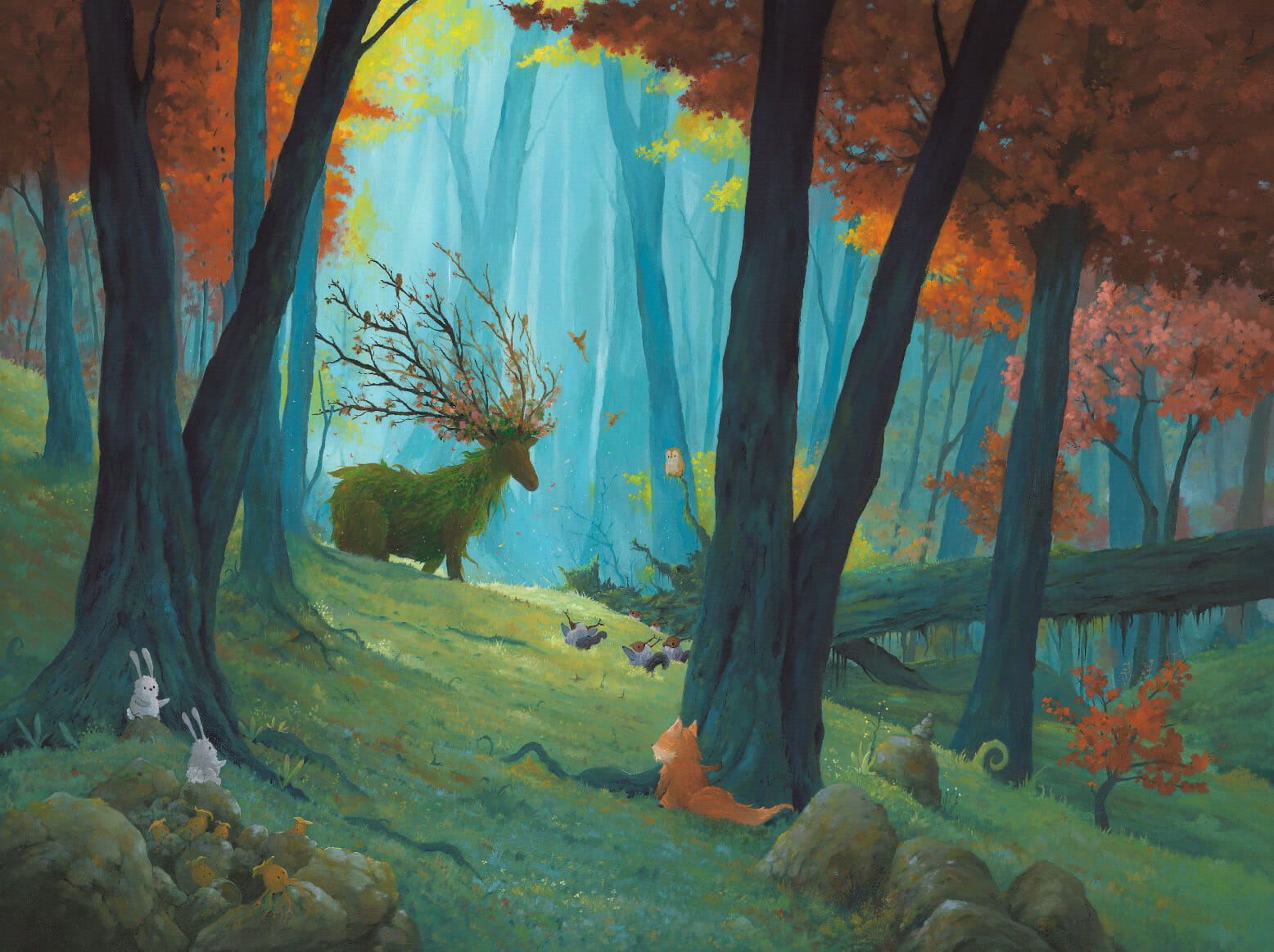 Painting of a reindeer like creature in a forest.