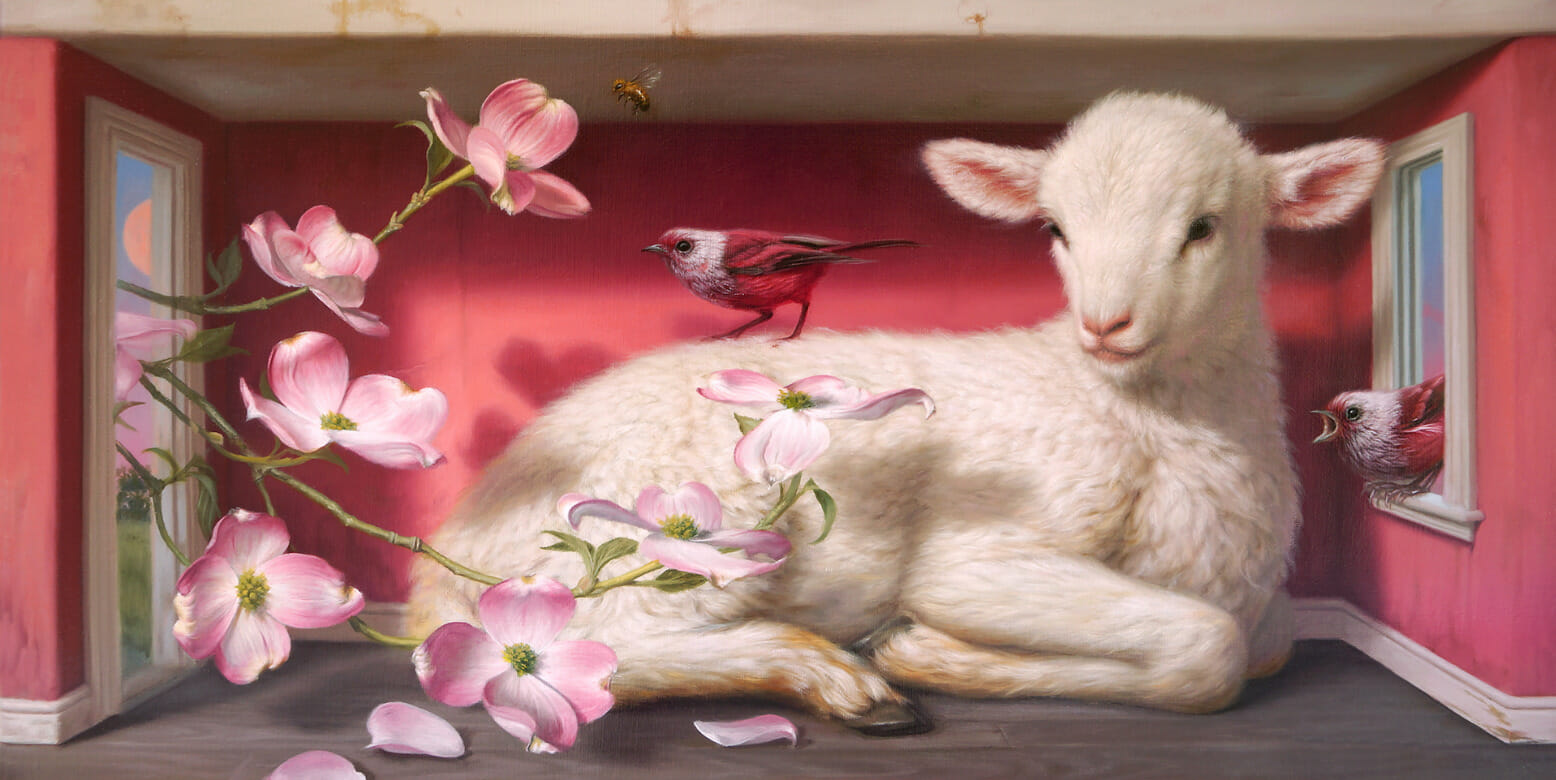 Painting of a giant lamb and a bird with some flowers in a tight room.