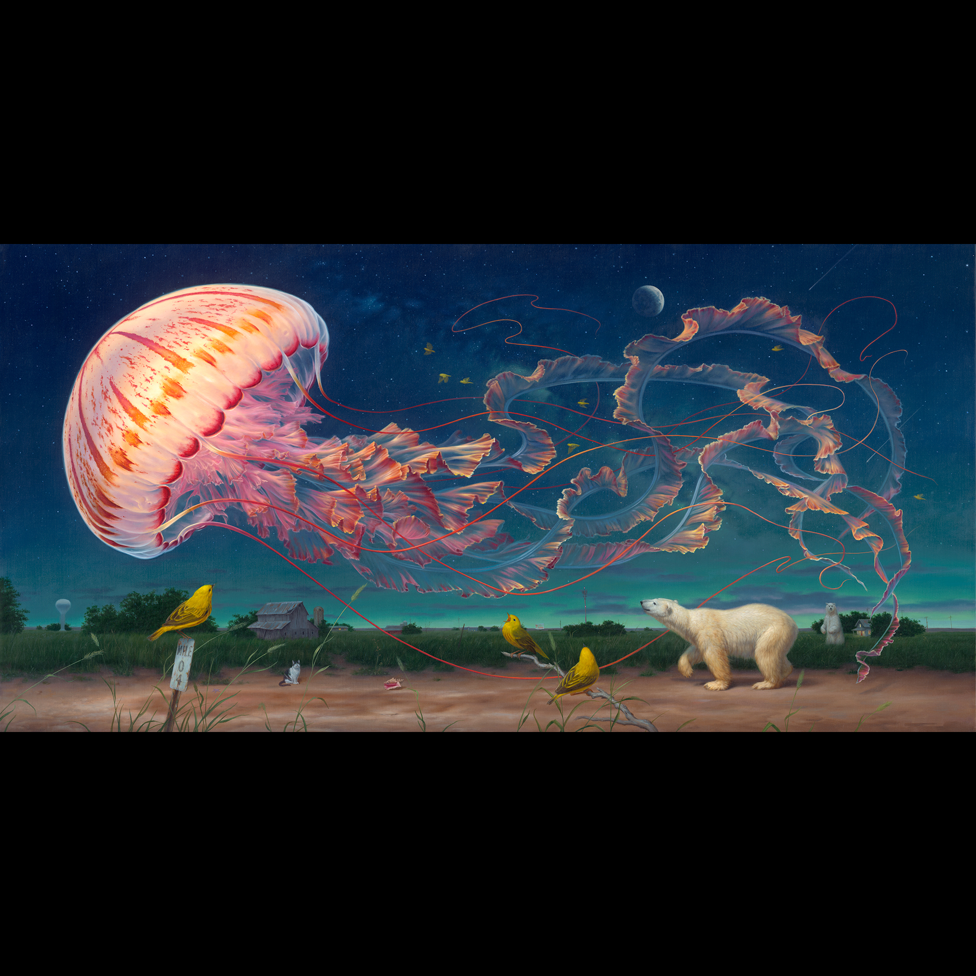 A jellyfish floating in the air near a polar bear.