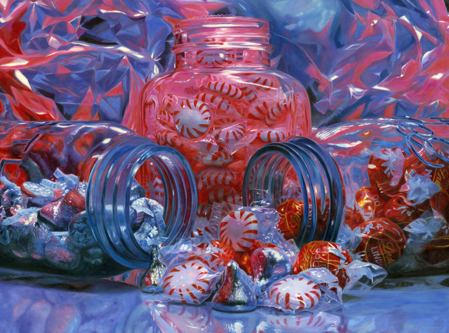 Oil painting with three jars filled with Hershey Kisses, Lindt chocolates, and peppermint candy.