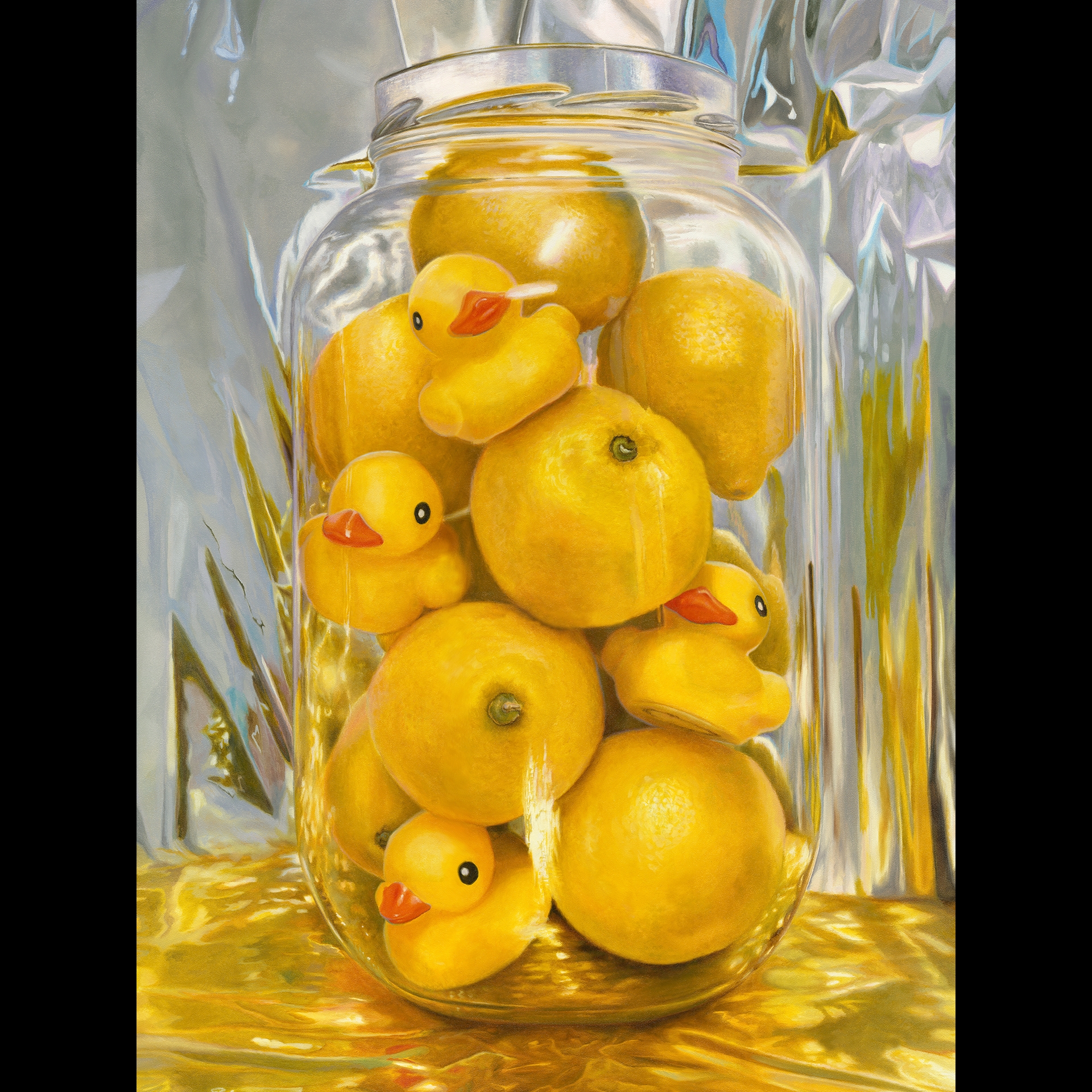 A painting of a glass jar full of rubber ducks and lemons.