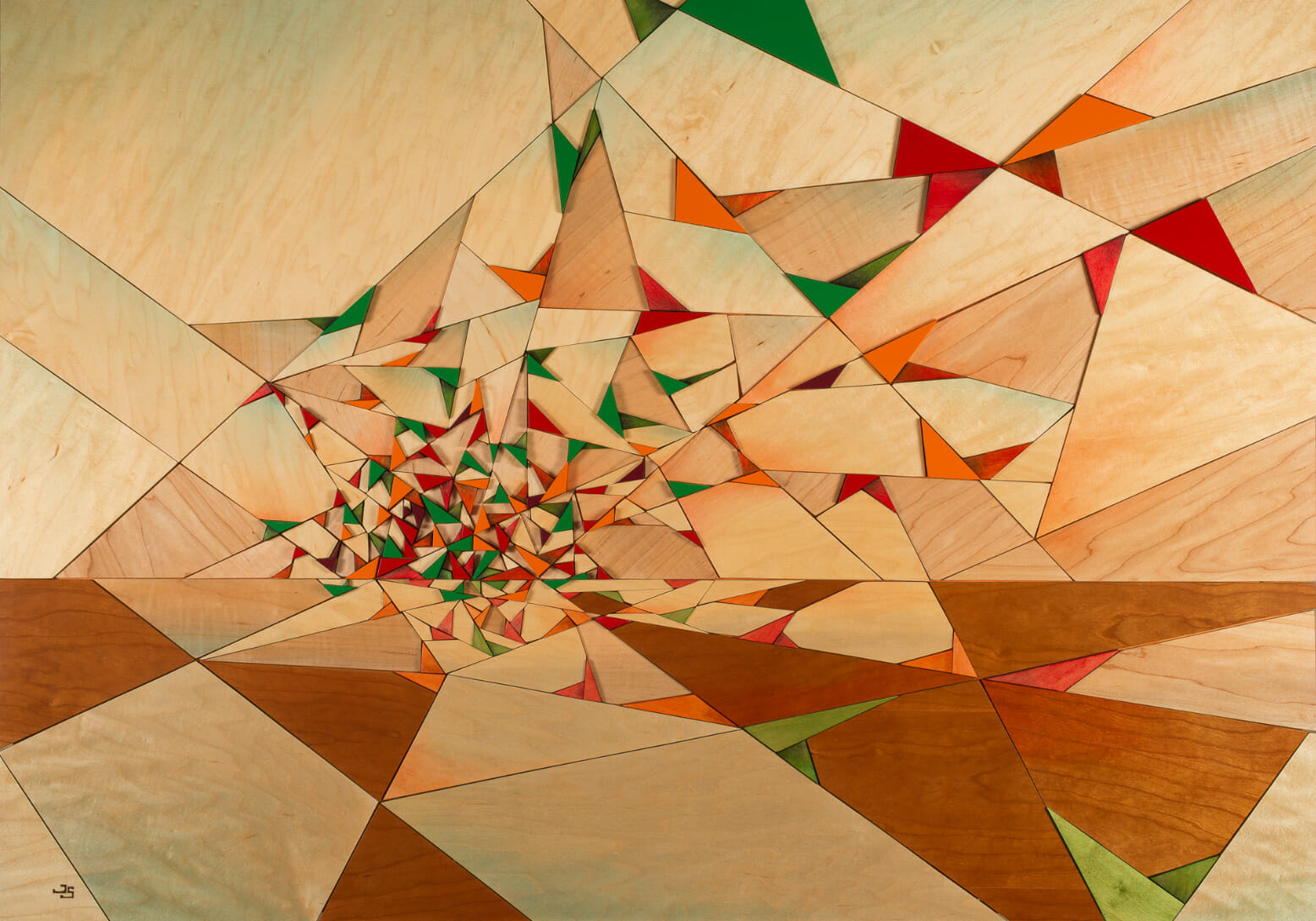 Wood art made up of over 350 triangular pieces.