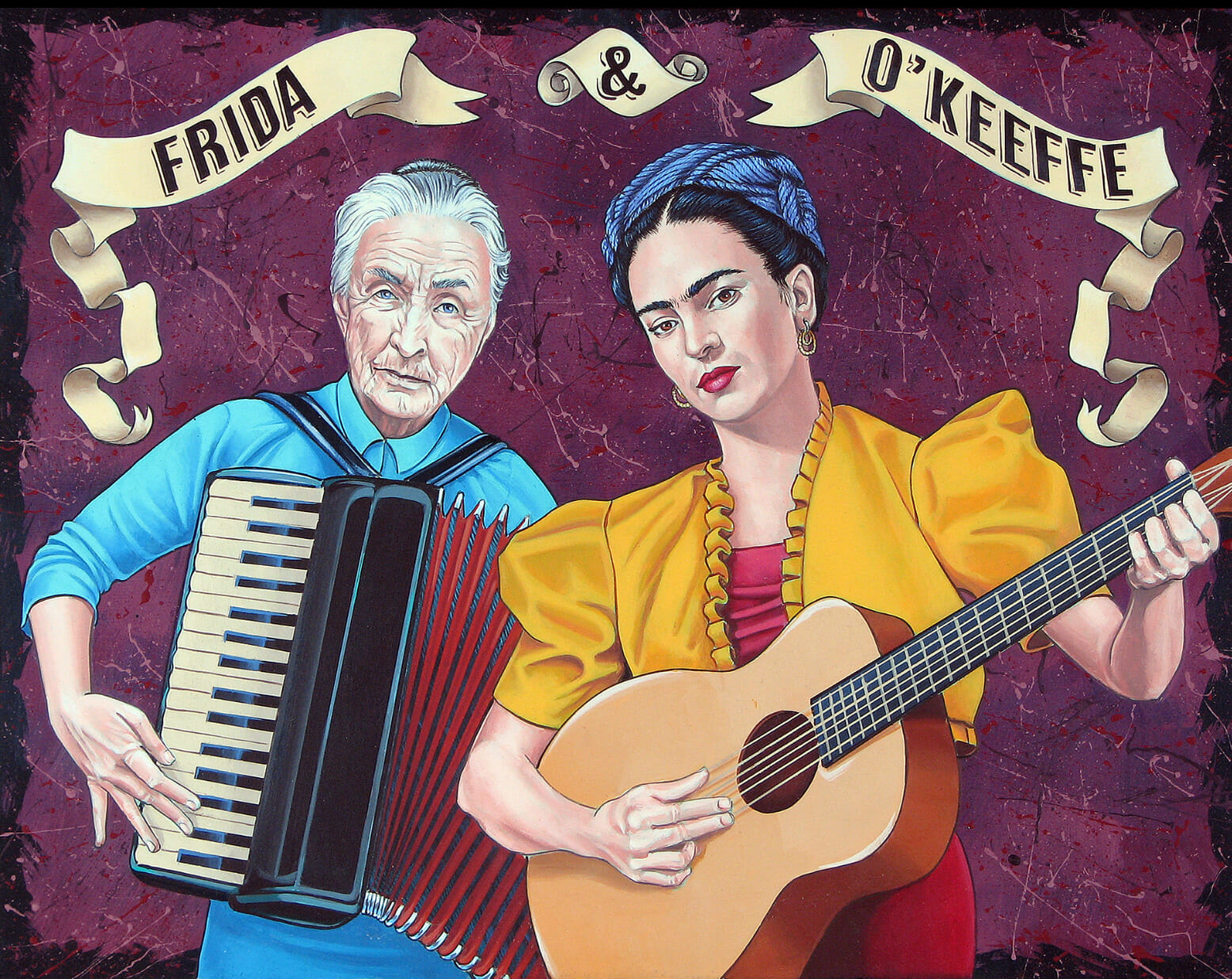 Painting illustrating Georgia O'Keeffe playing a piano accordion and Frida Kahlo playing a guitar.