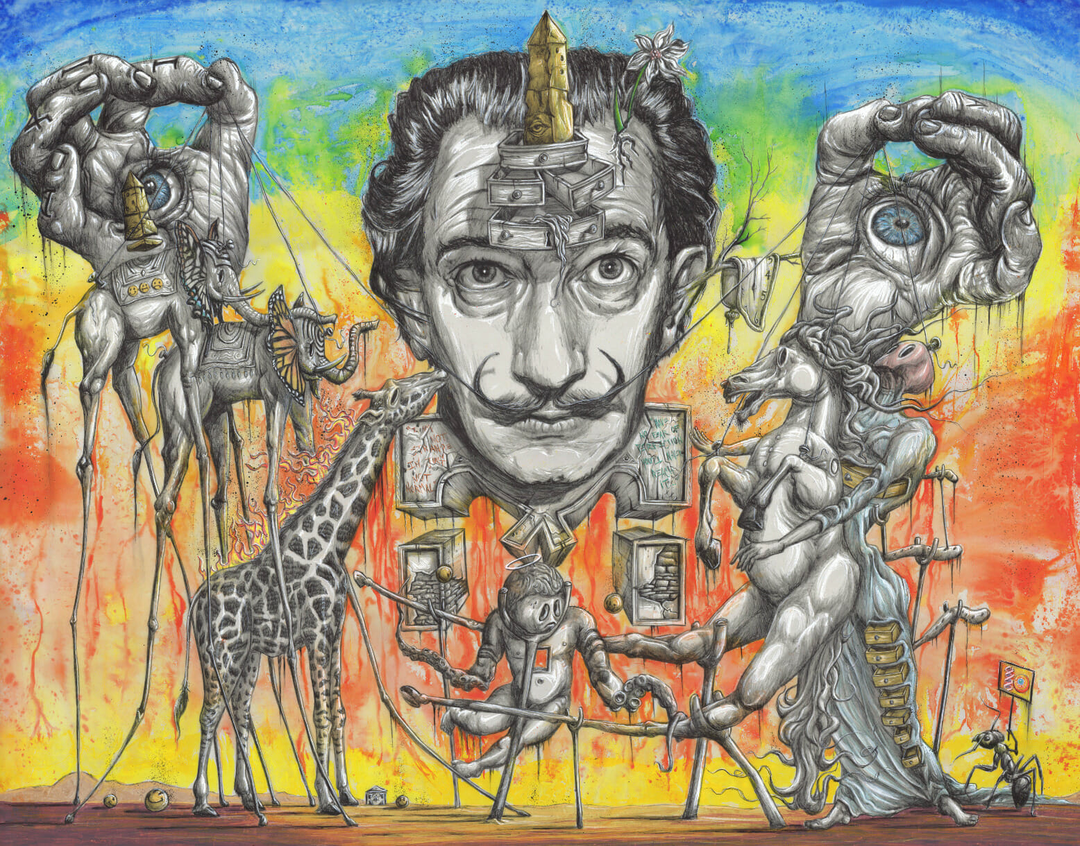 Drawing and watercolor painting with a portrait of Salvador Dali and motifs from his work.