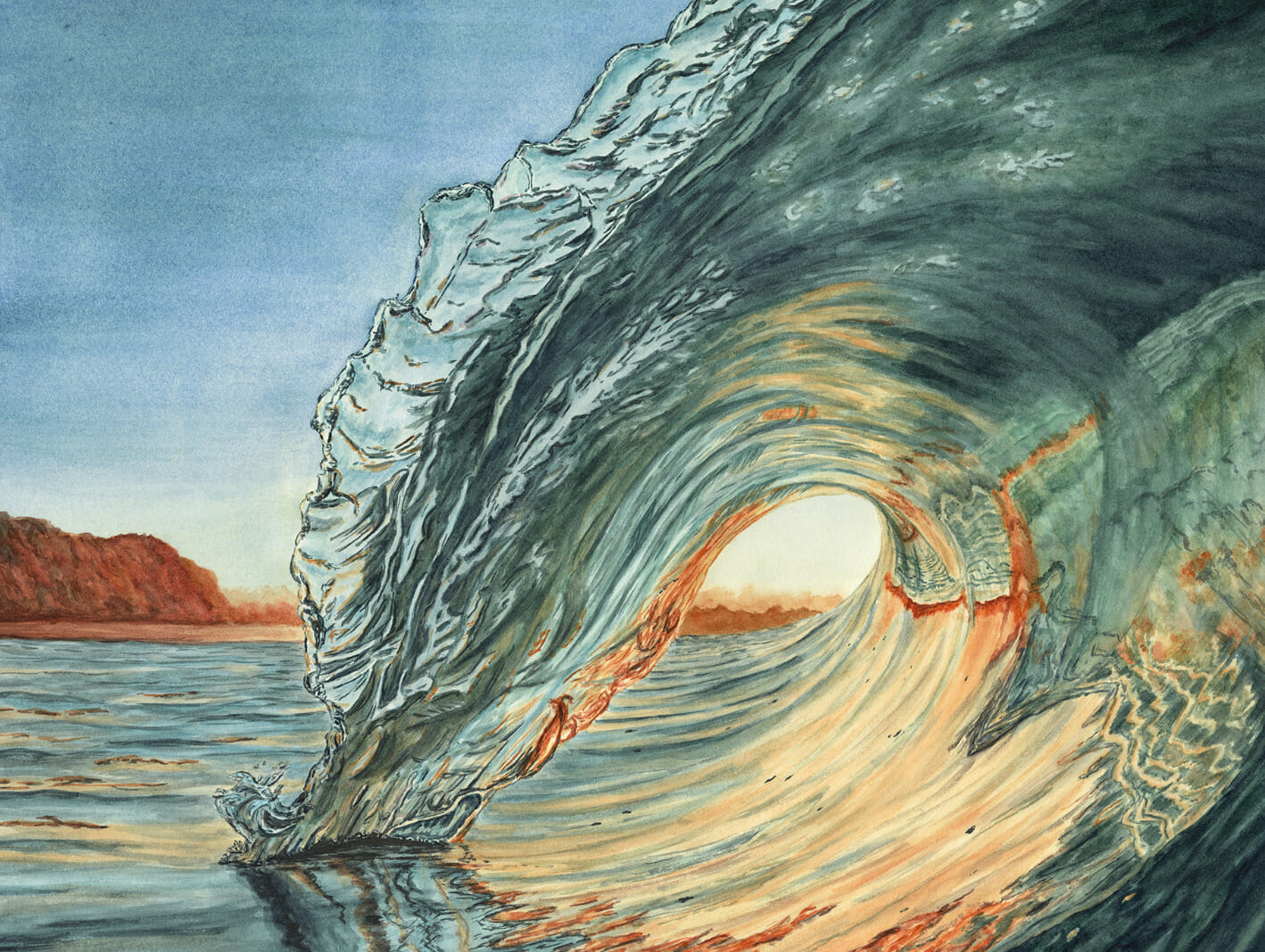 Painting depicting the inside of an ocean wave.