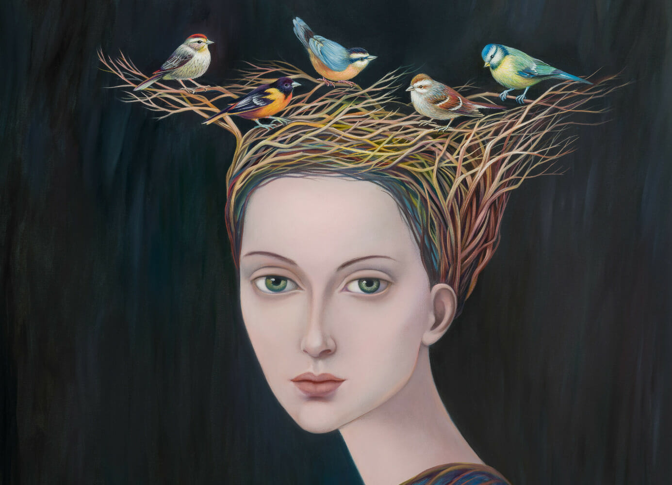 Oil painting depicting a person with a bird's nest and five birds on their head.
