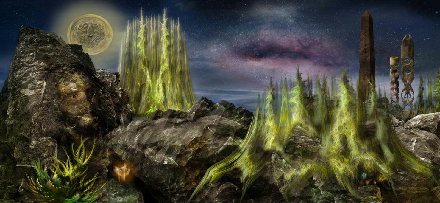 Digital composite of a landscape at night.