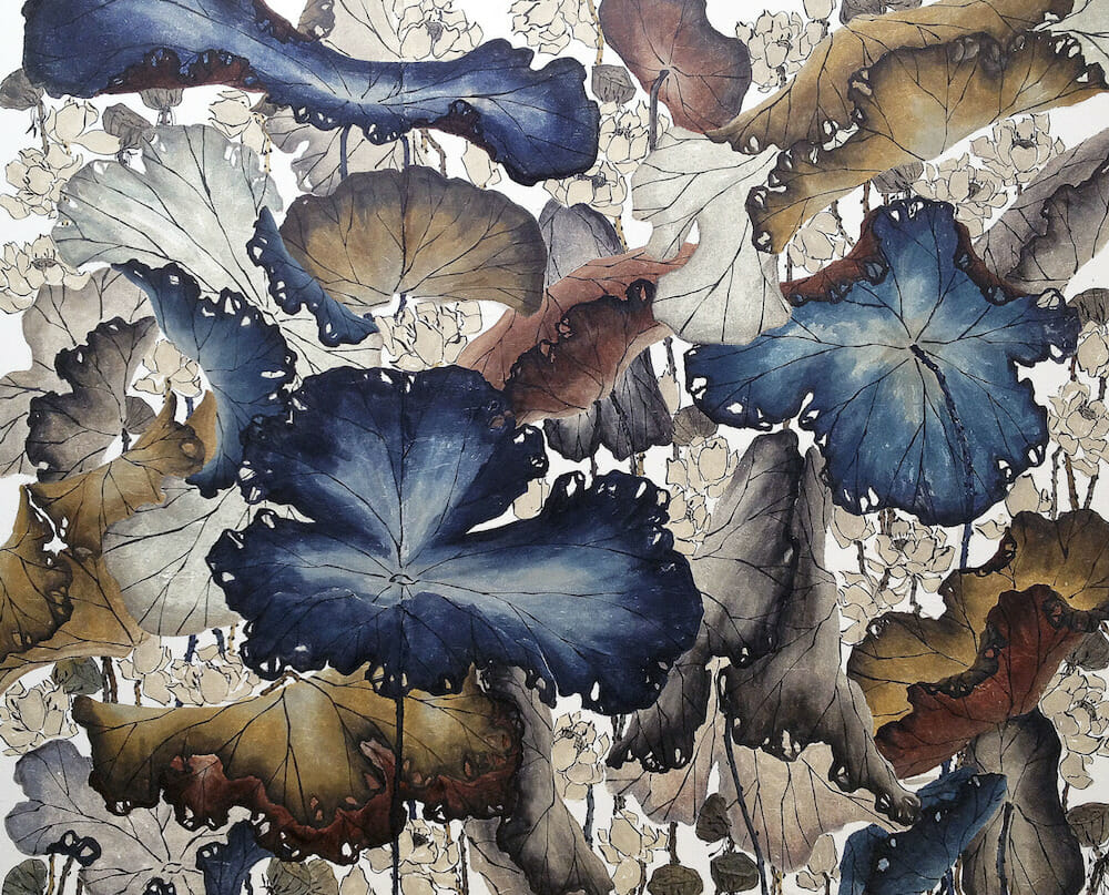 Ink and watercolor illustration depicting leaves or foliage.