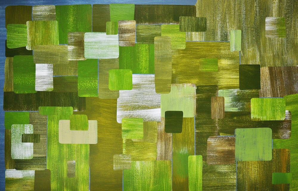 Paper collage and painting resembling lush greenery composed of rectangular shapes with rounded corners