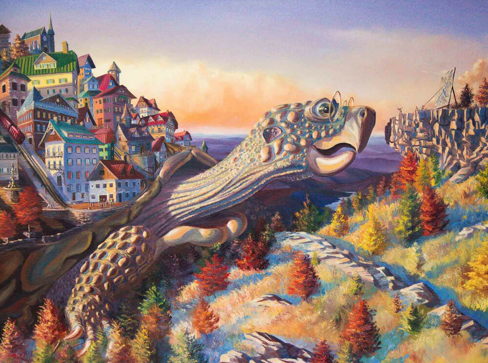 Painting depicting a giant turtle with a city or town on its shell.