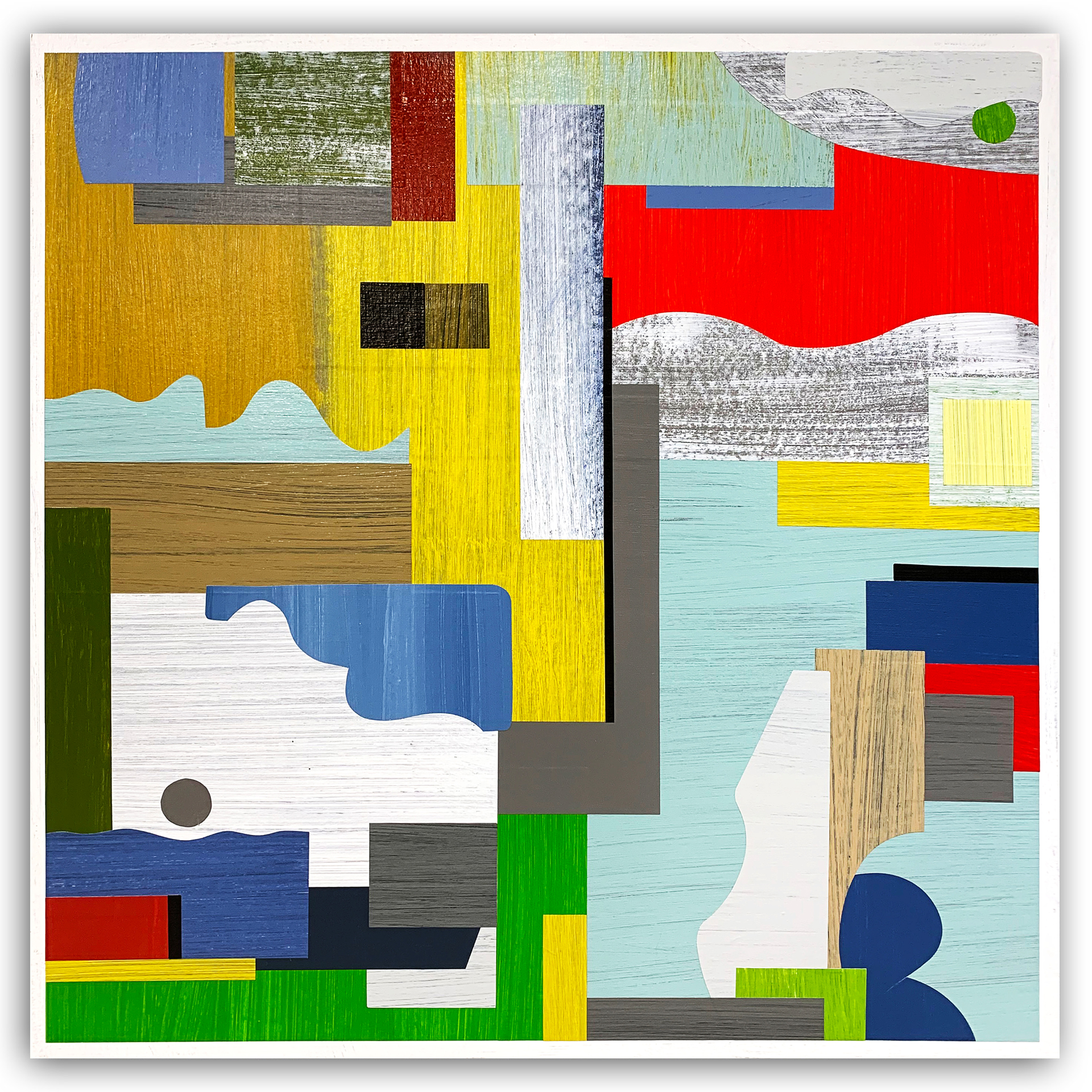 Abstract artwork with blue, yellow and red.