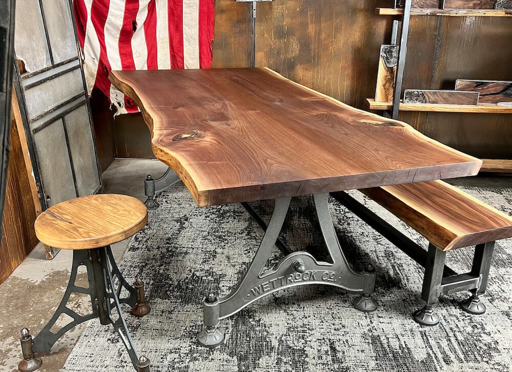 Wooden table with a bench and chair