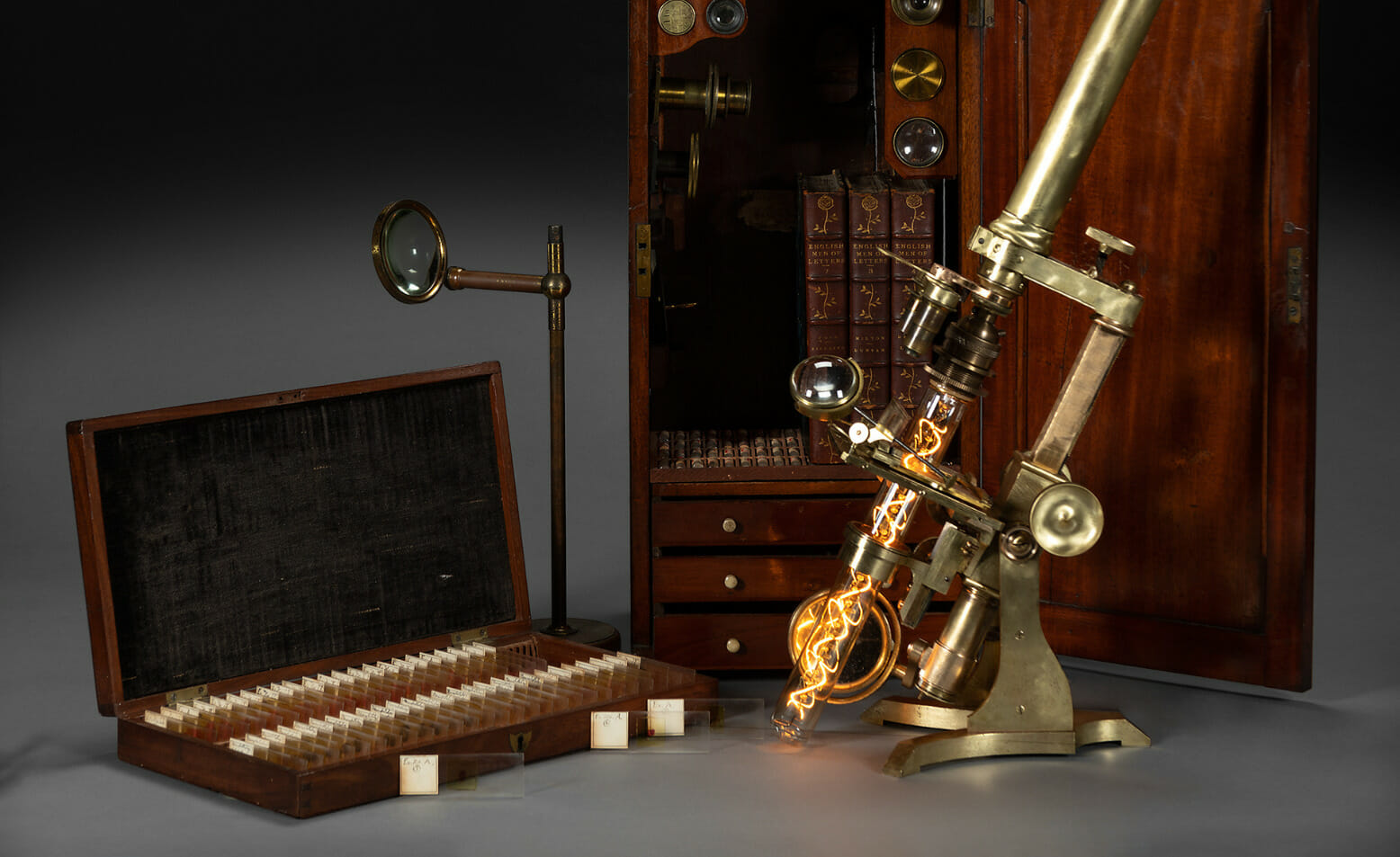 Sculpture depicting a microscope with a slide set.