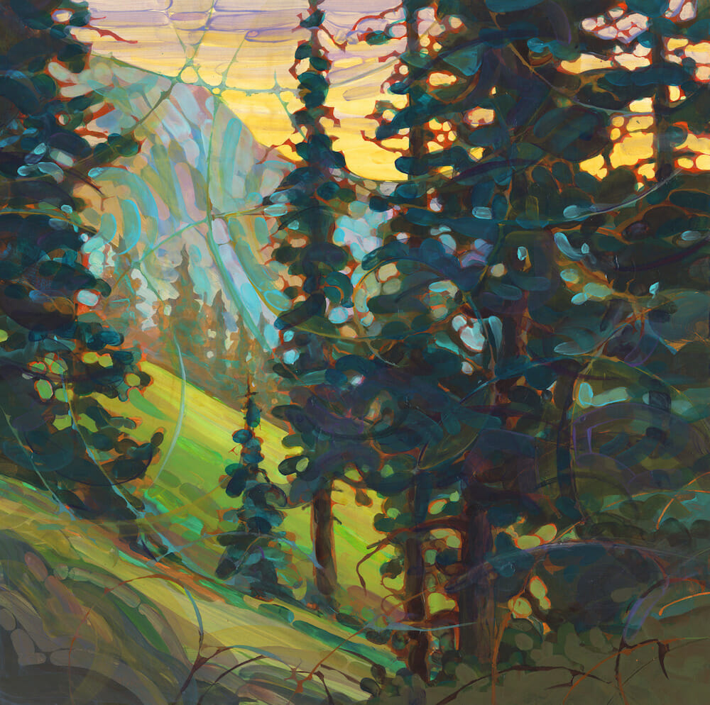 Painting creating a forest landscape with a mountain in the distance.
