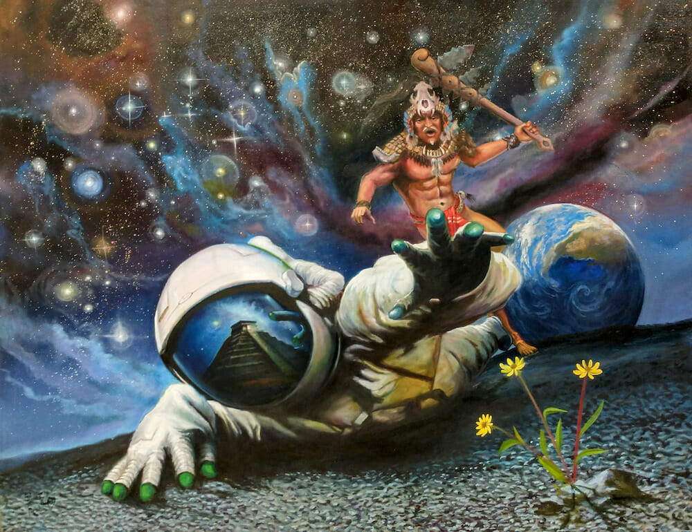 Painting depicting a crawling astronaut being chased by a person holding a club.