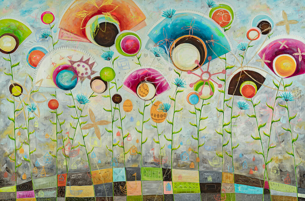 Painting depicting a field of flowers.