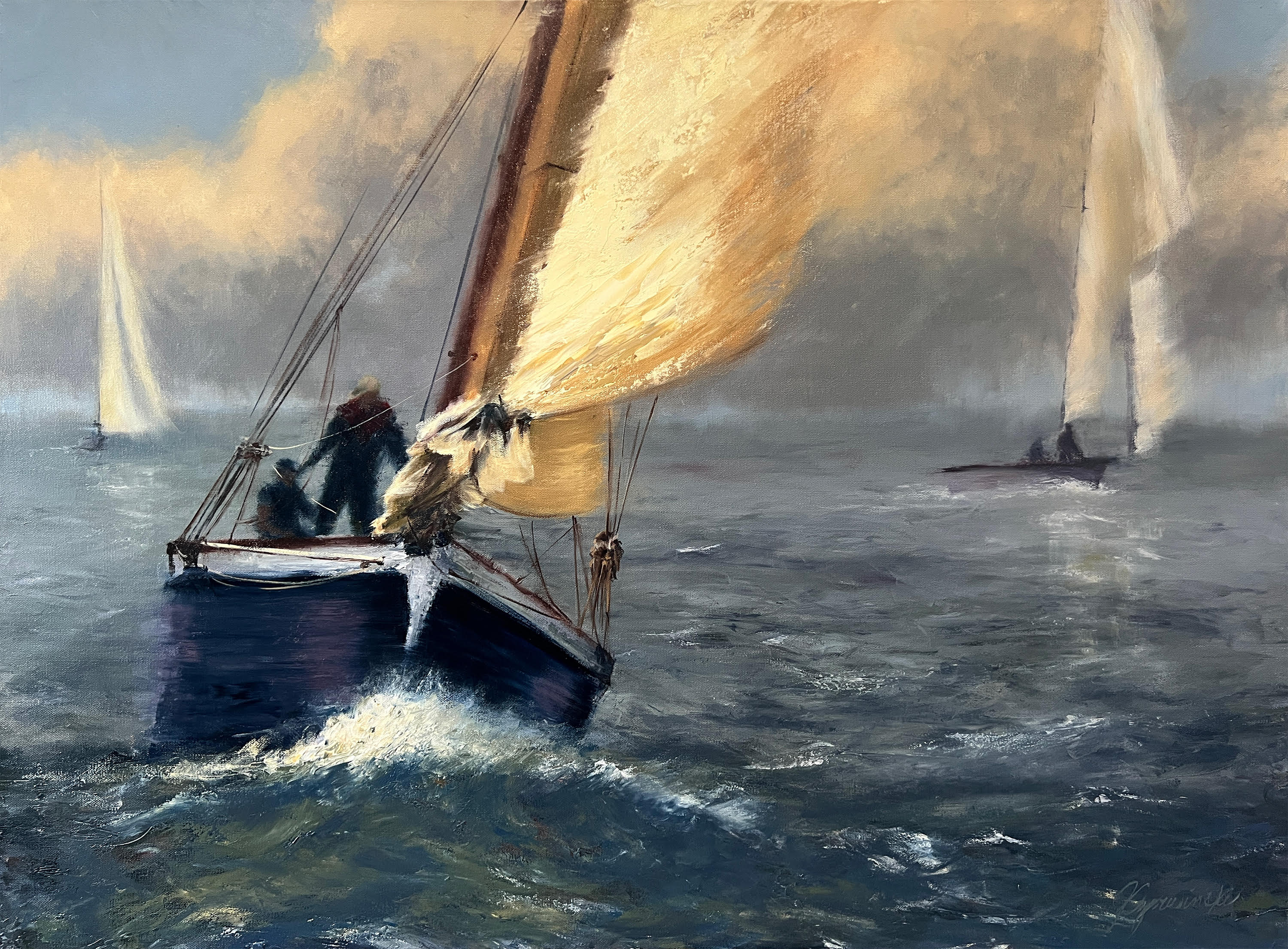 A painting of a sail boat.