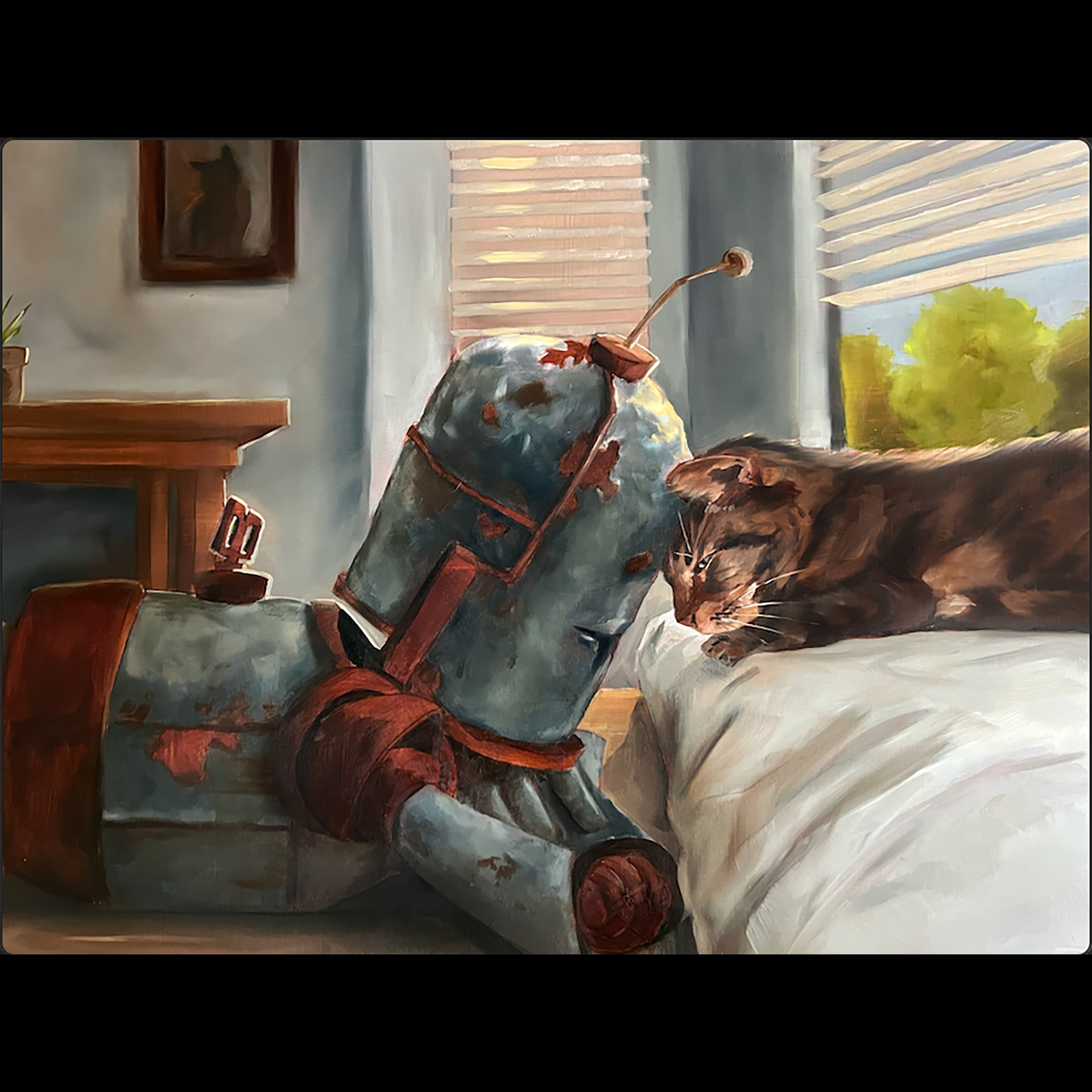 A robot resting its head on a cat.