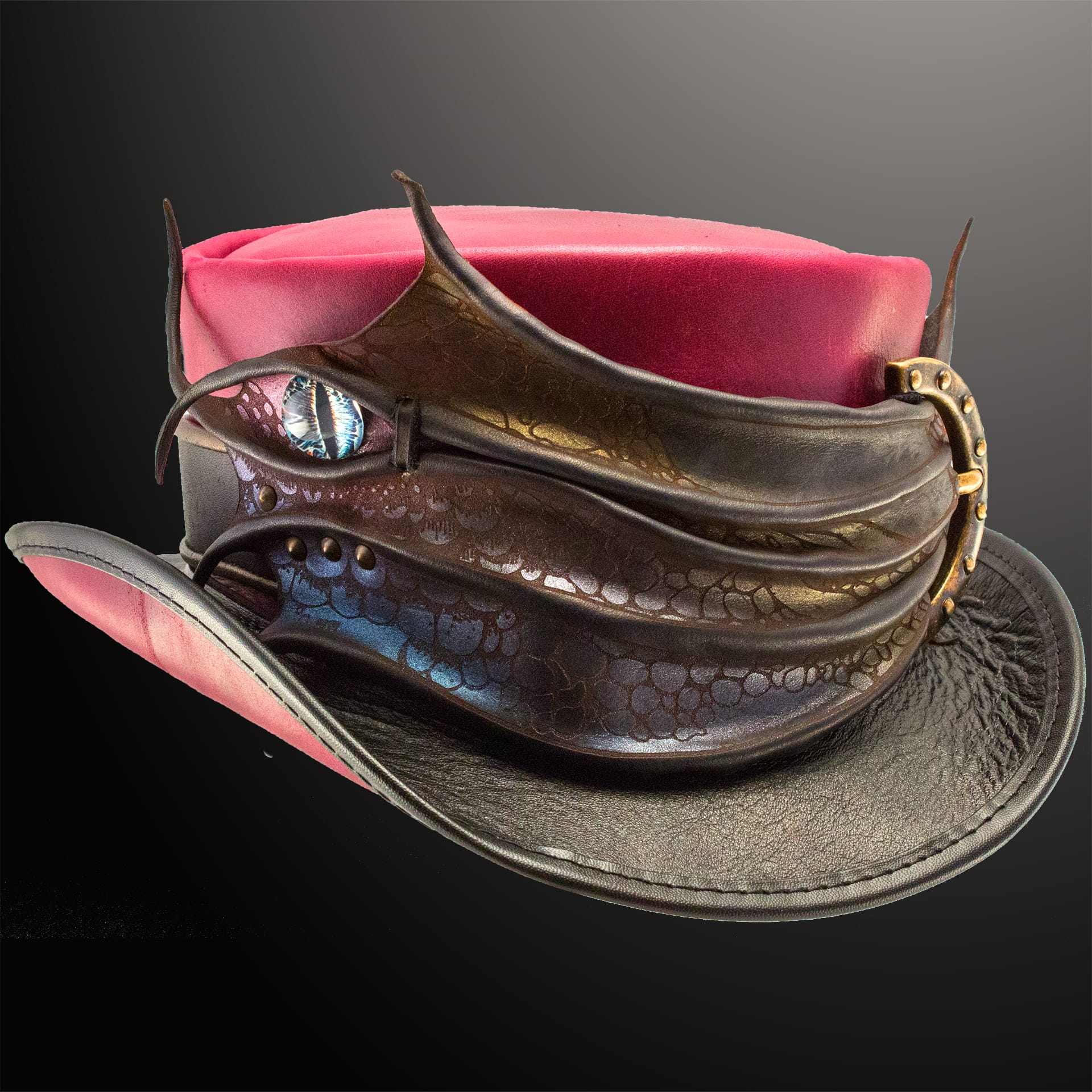 A hat with leather accents on a red base.