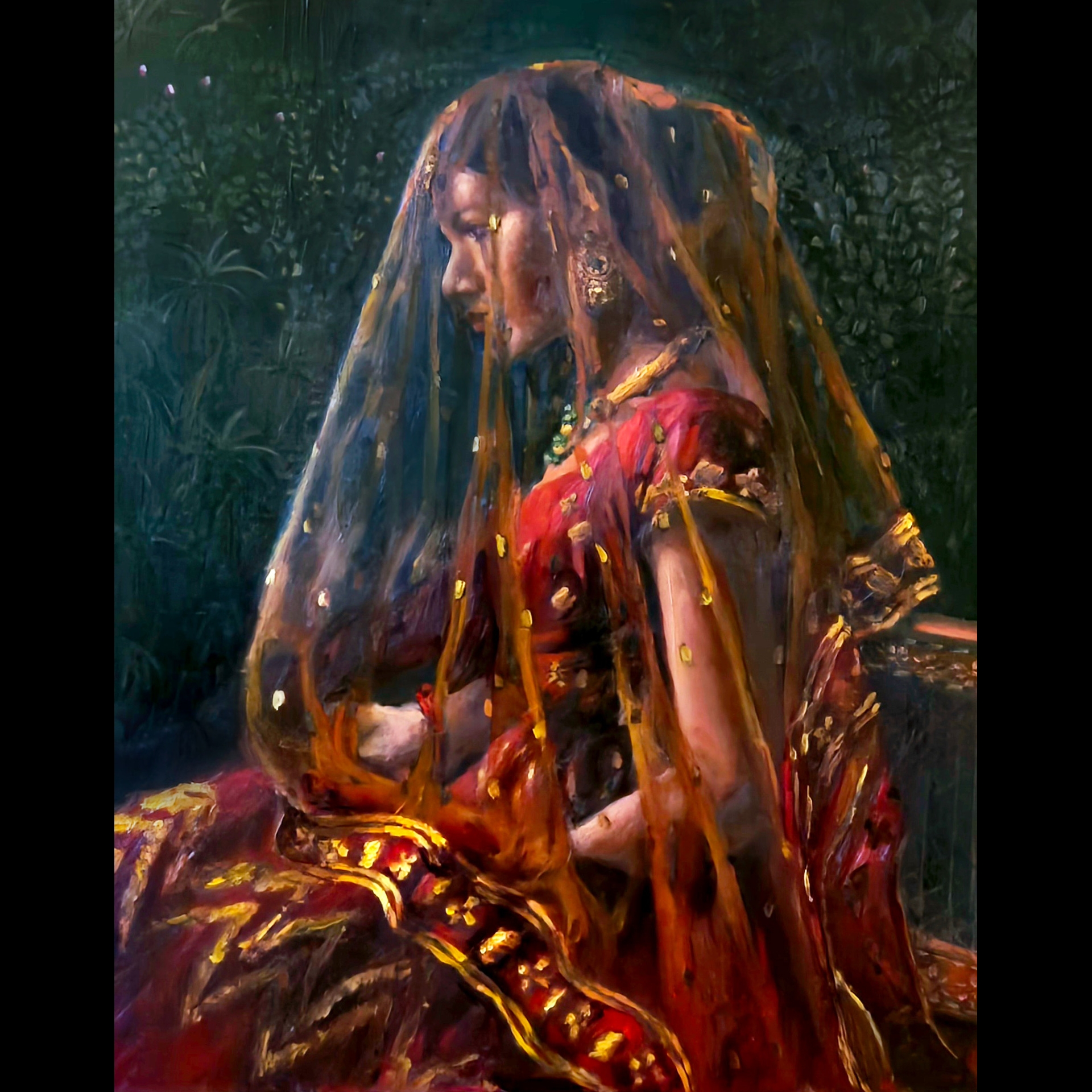 A woman wearing a red sari.