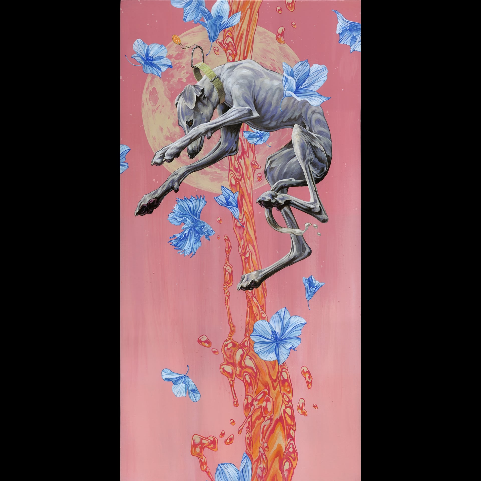 A very skinny grey hound flying in the sky surrounded by blue flowers and water.