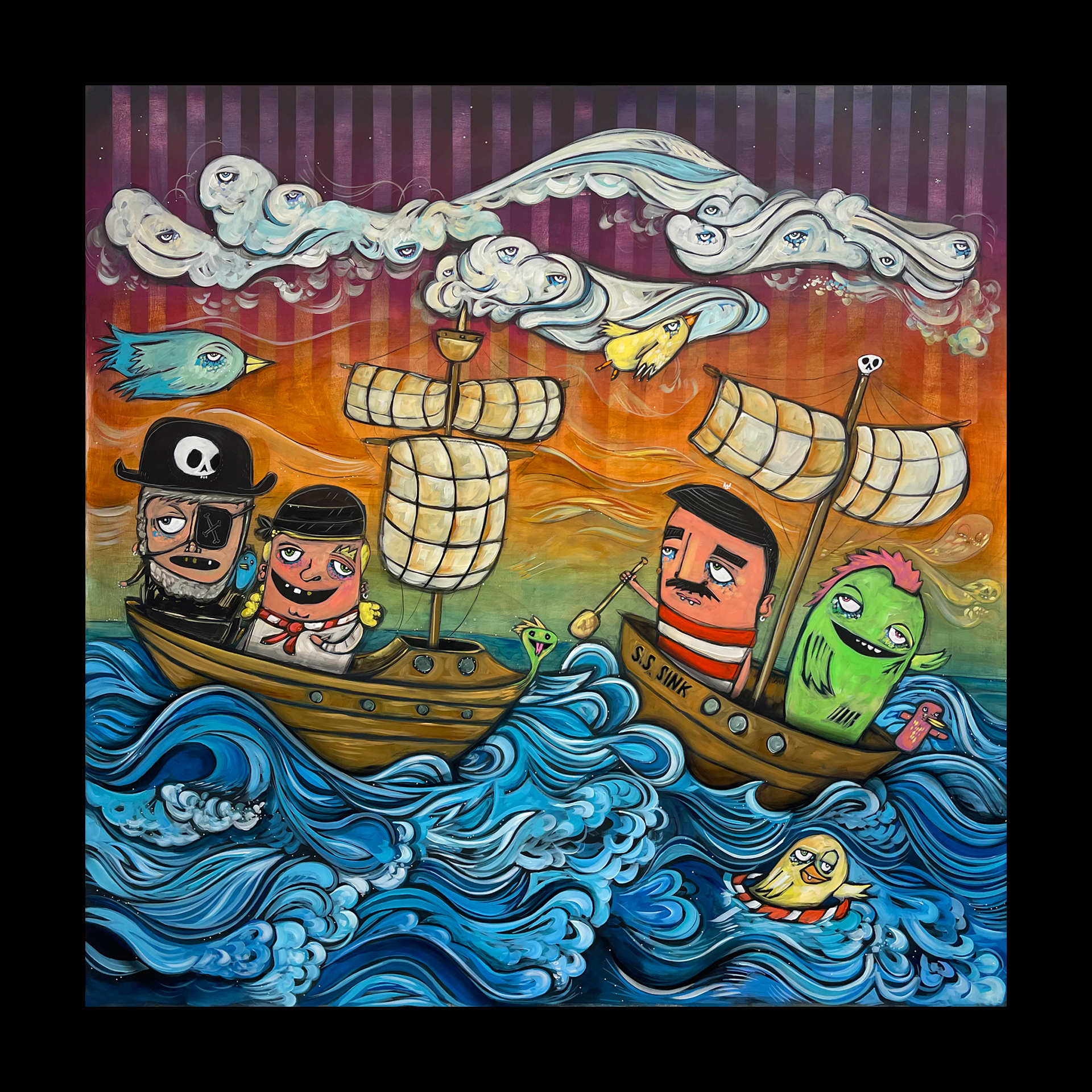 caricatures with sleepy faces on pirate ships in the ocean.