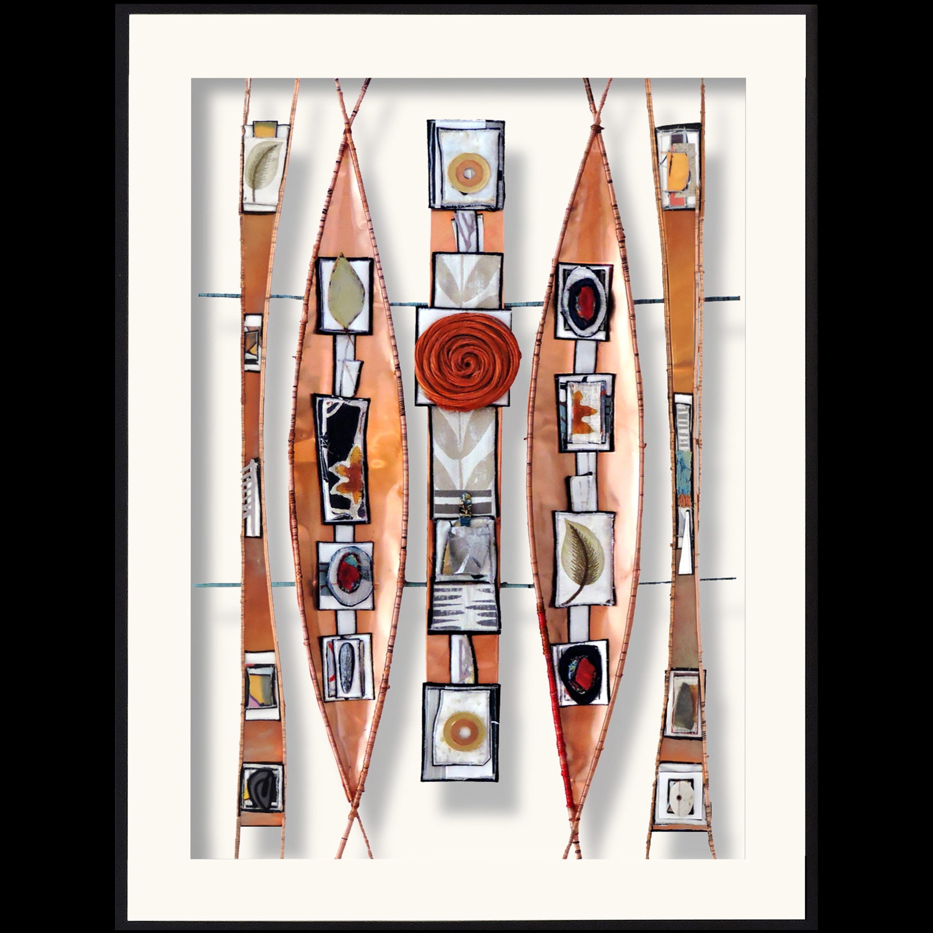 Many shapes assembled on top of one another on a wire frame.