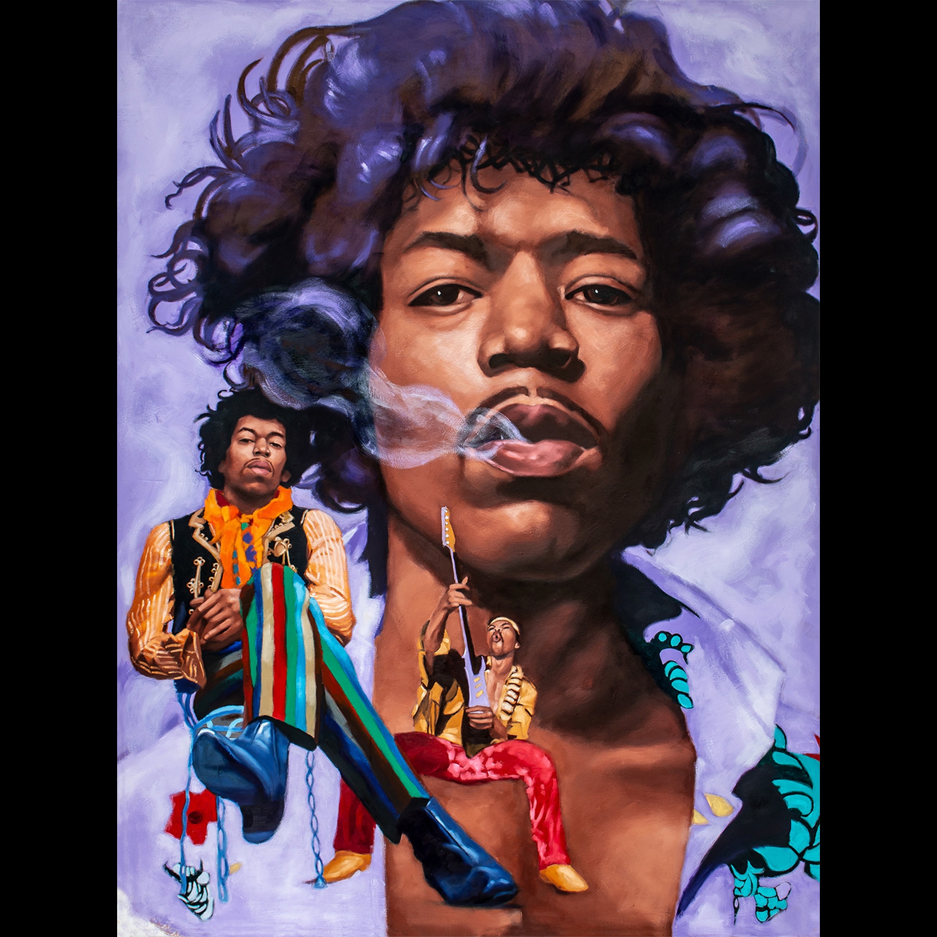 A painting of a man smoking and playing guitar.