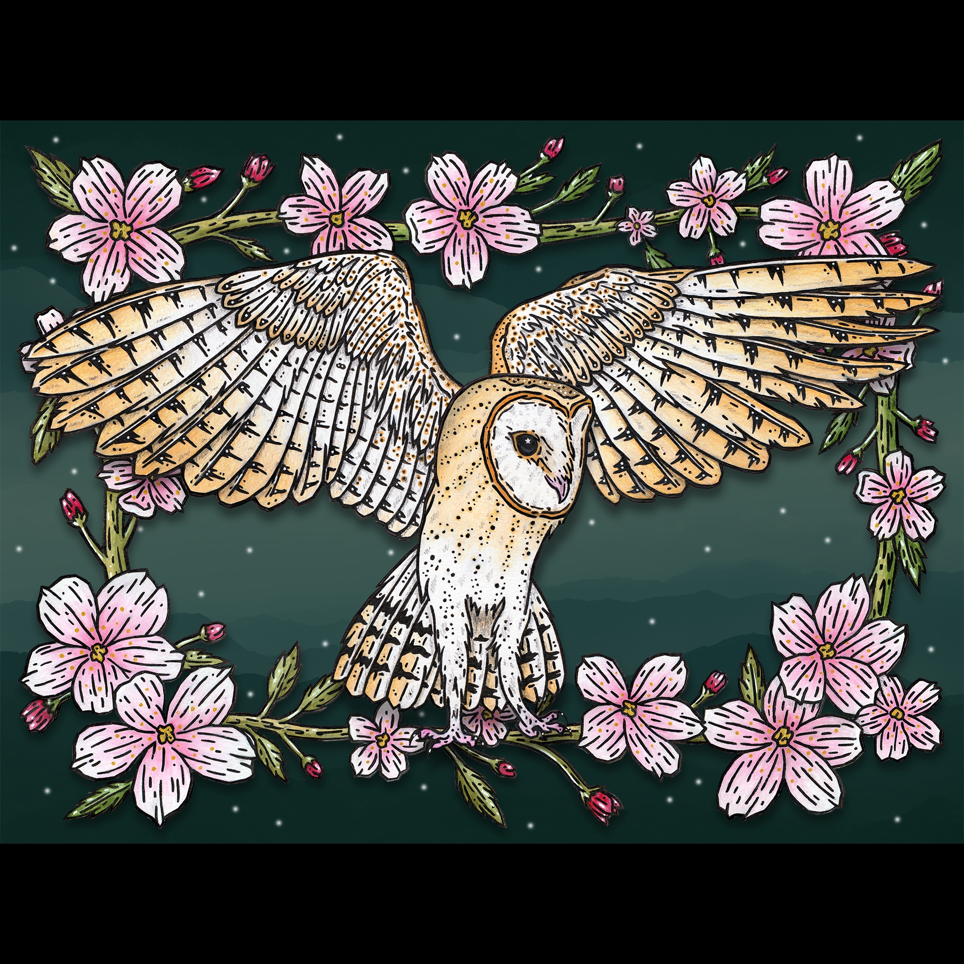 An illustration of an owl with flowers around it.
