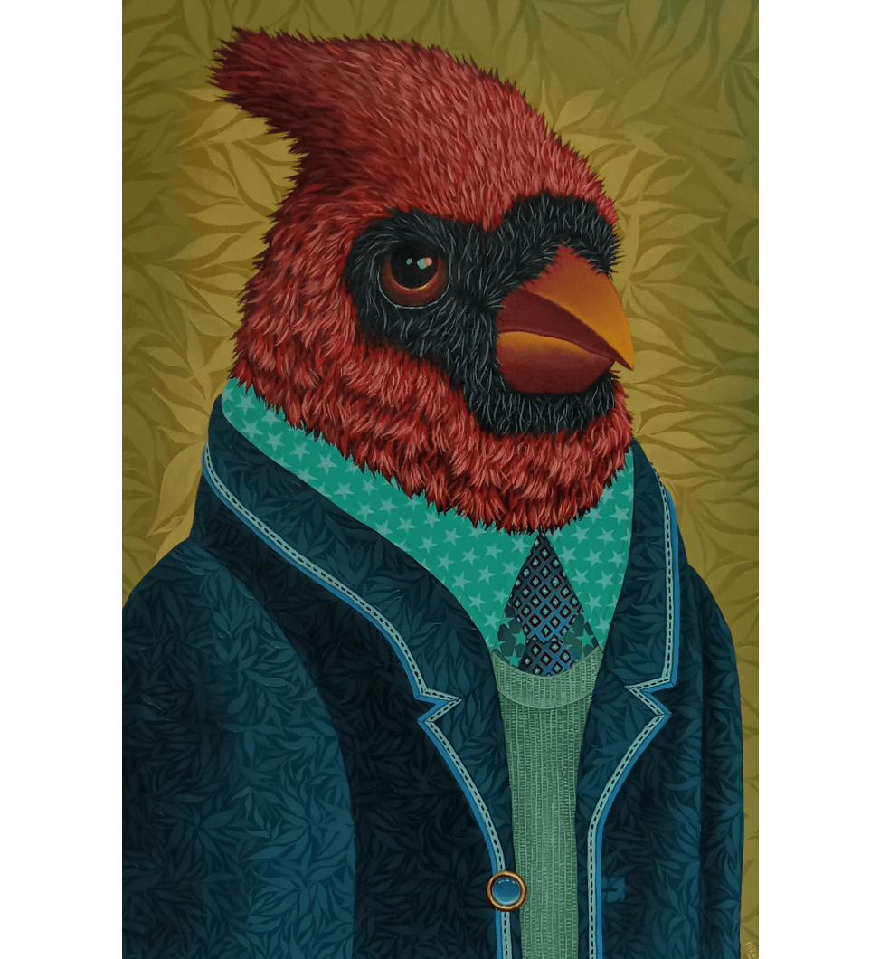 A painting of a cardinal bird in a suit.
