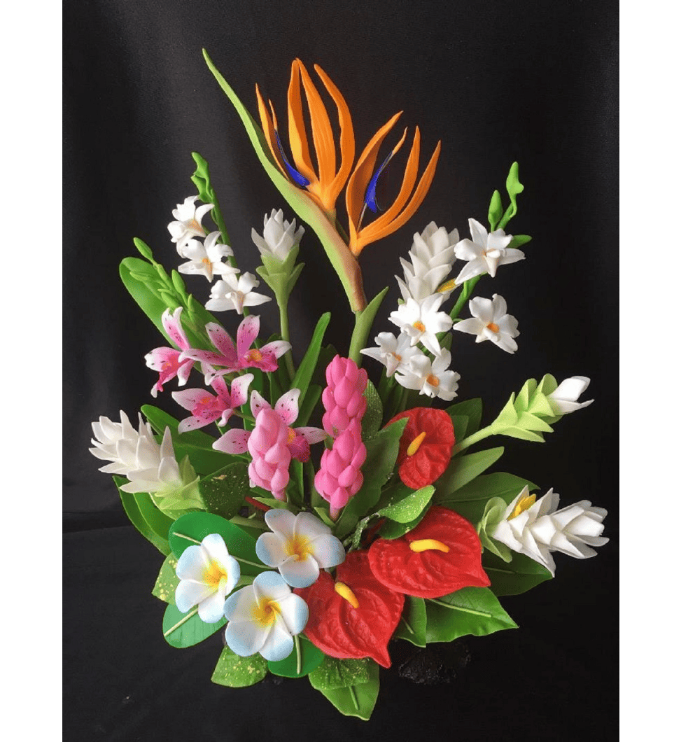 floral arrangement against a black background