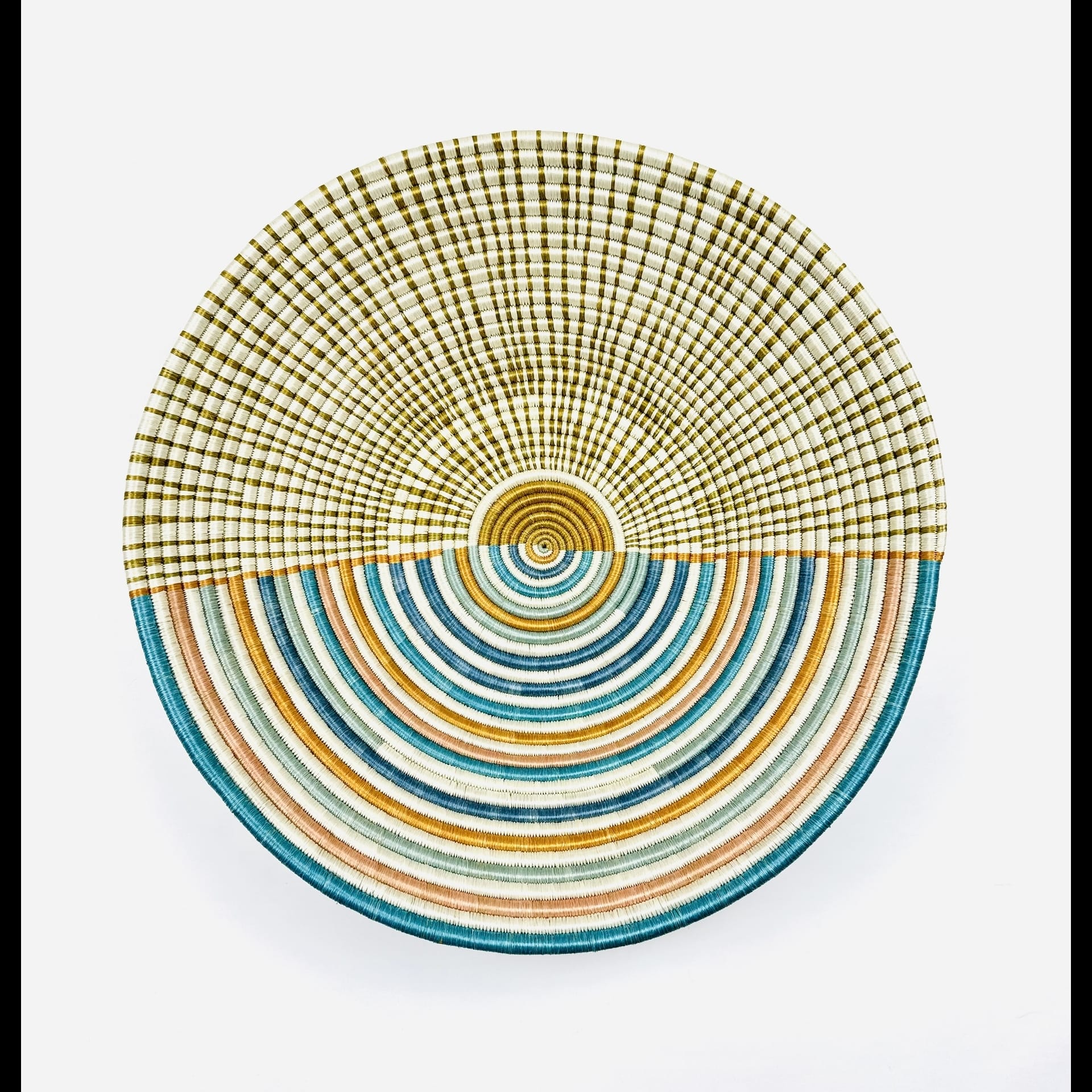 A weaved plate with blue and orange.