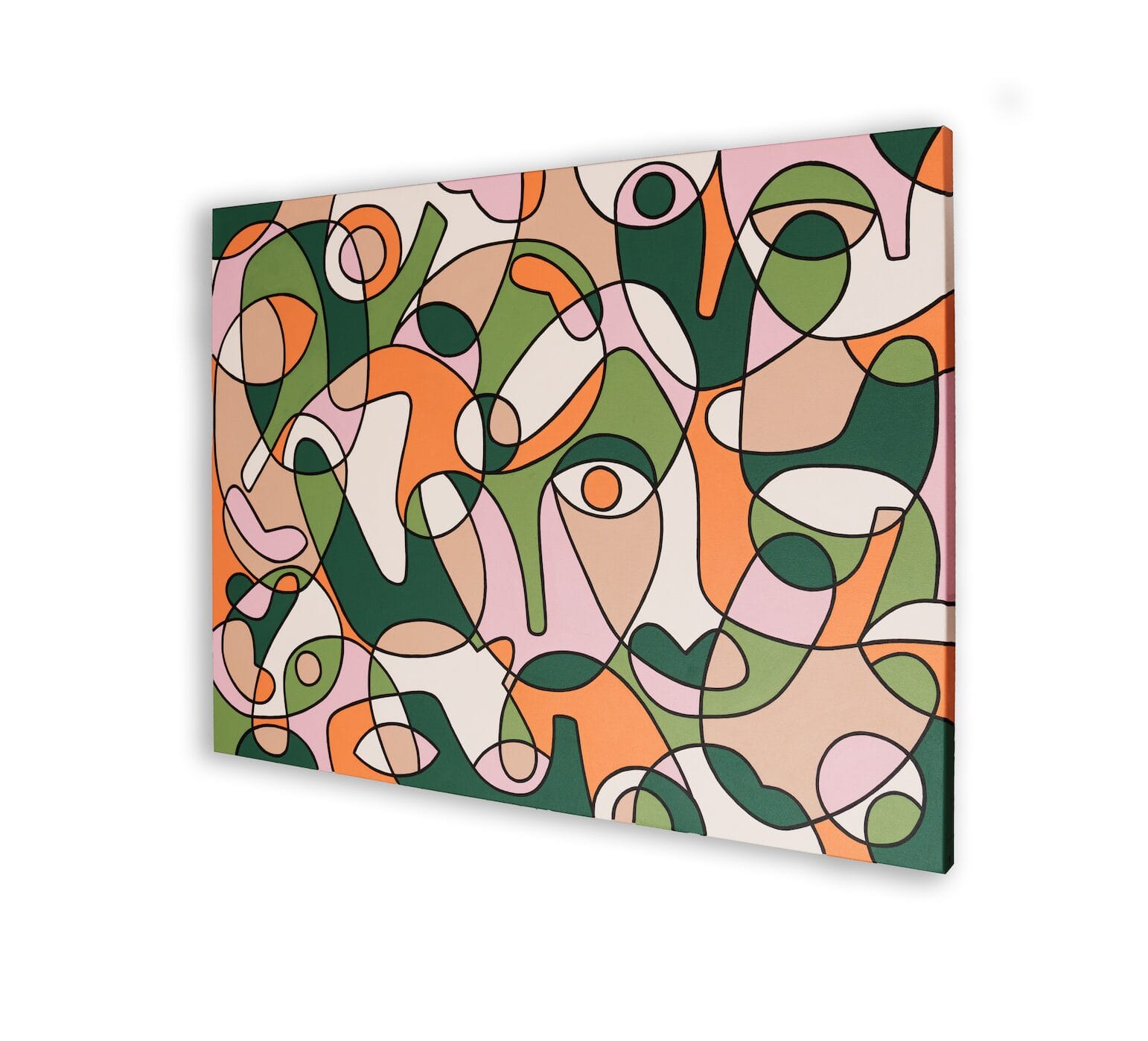 A painting with numerous eyes in geometric shapes.