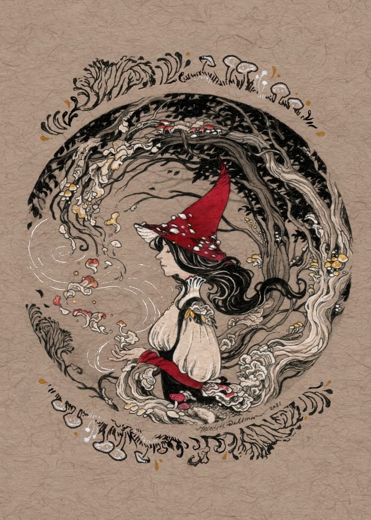 An illustration of a witch wearing red within a magical circle.
