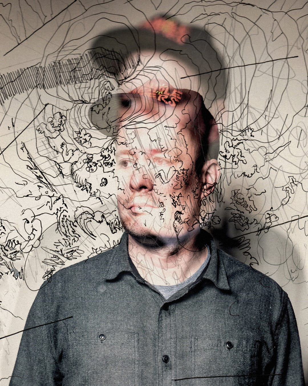 An edited picture of a man with a baseball cap on.