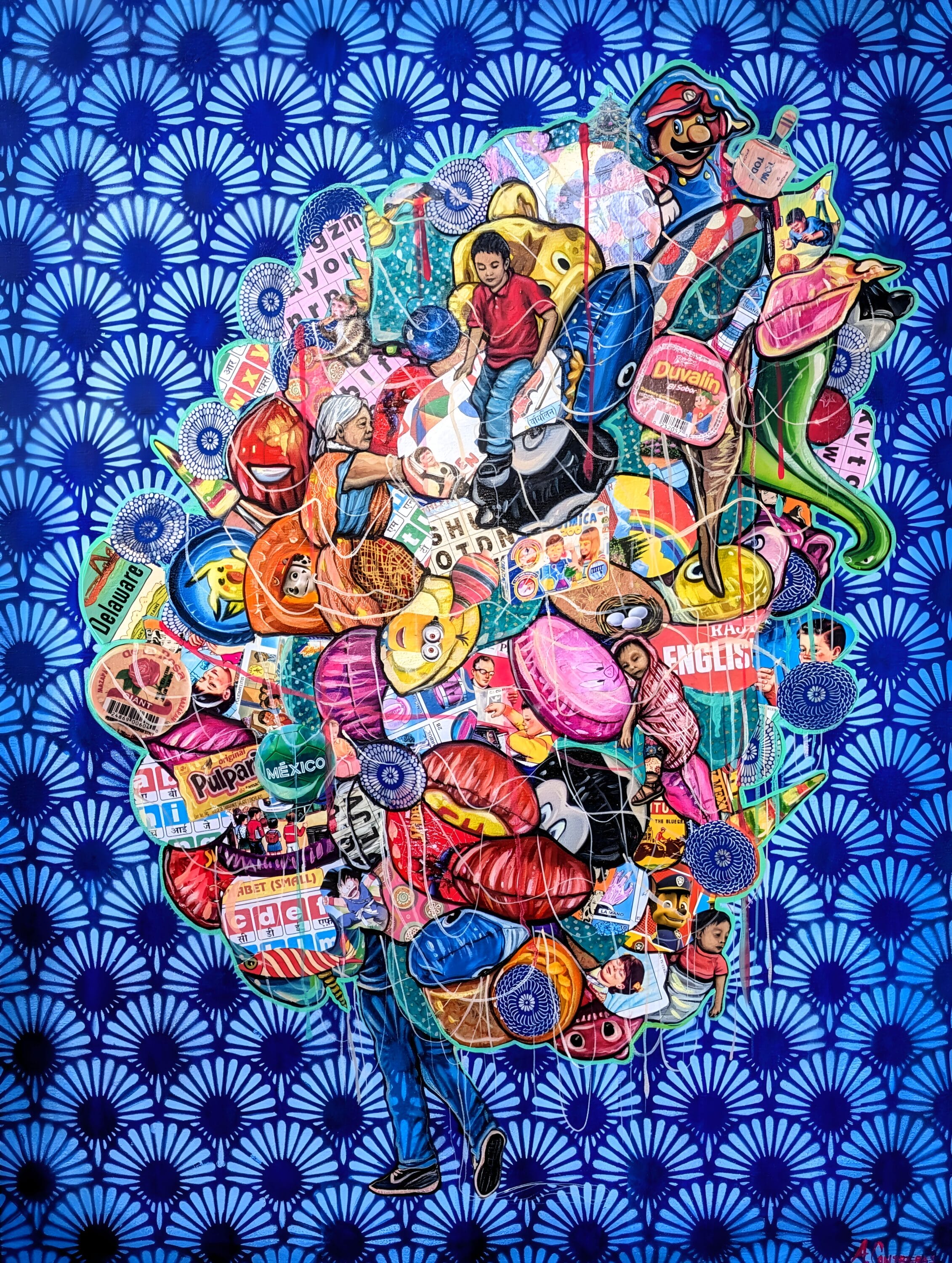 A colorful array of objects being carried in a pile.