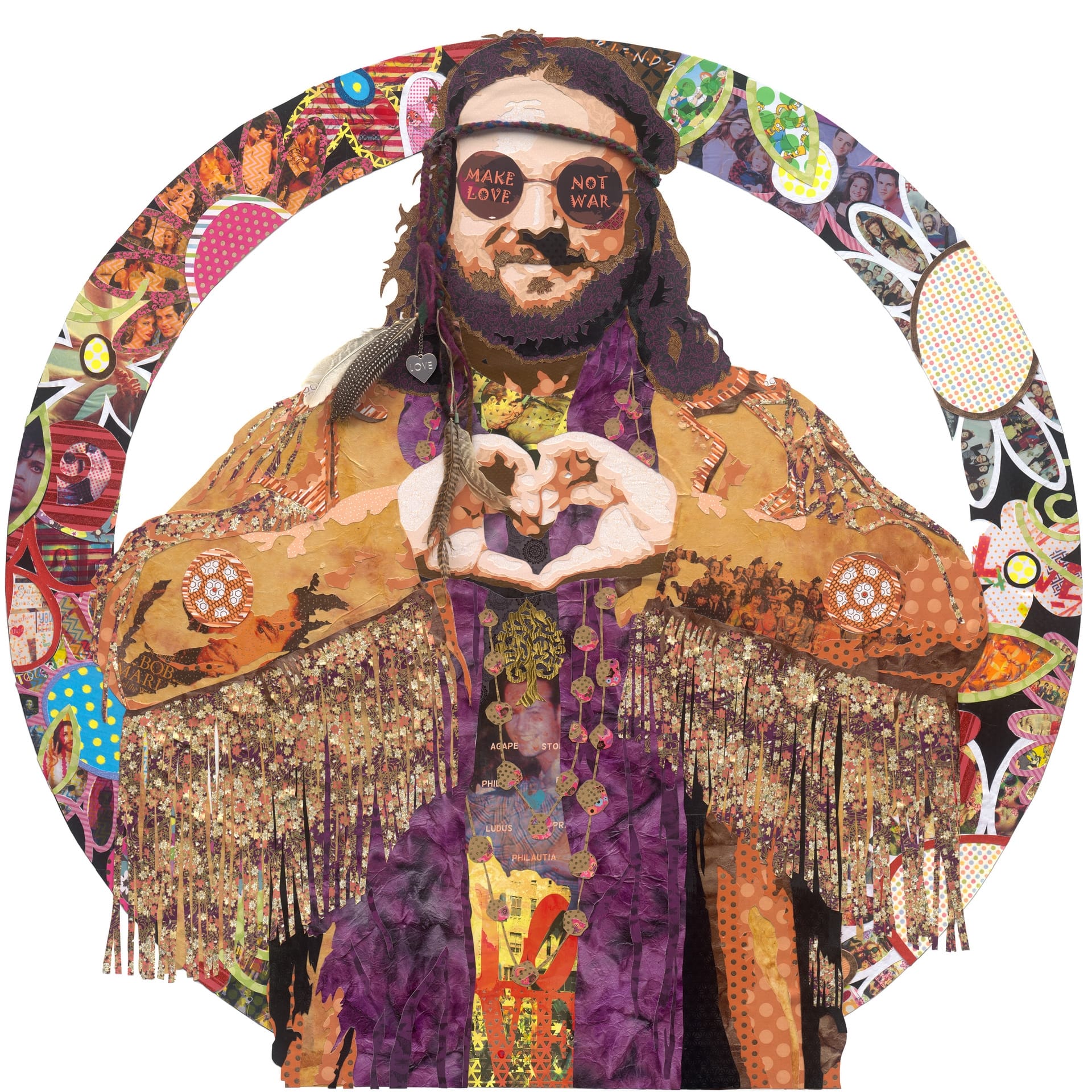 A man in the middle of a peace sign holding up a hand heart.
