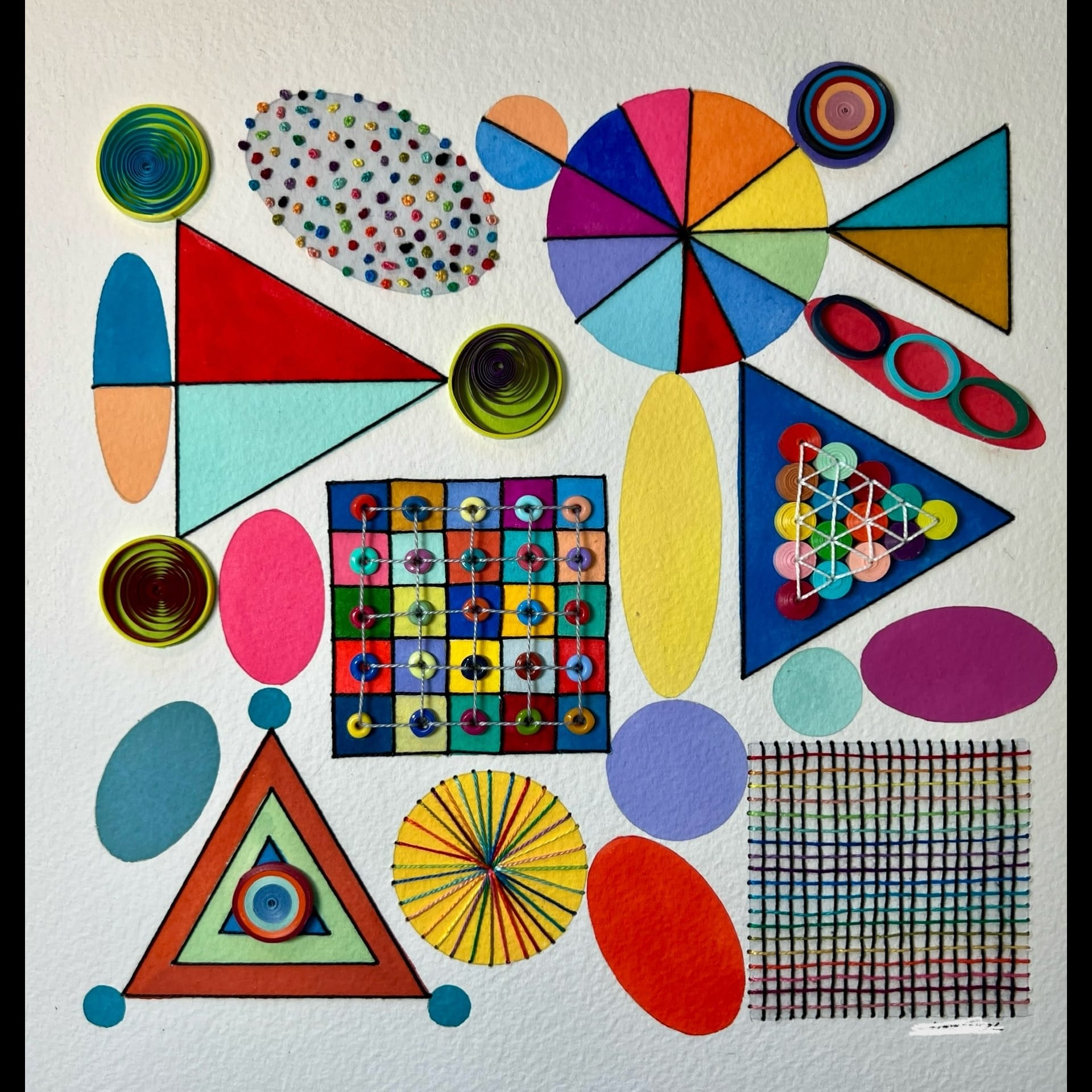 Colorful shapes with different patterns inside them.