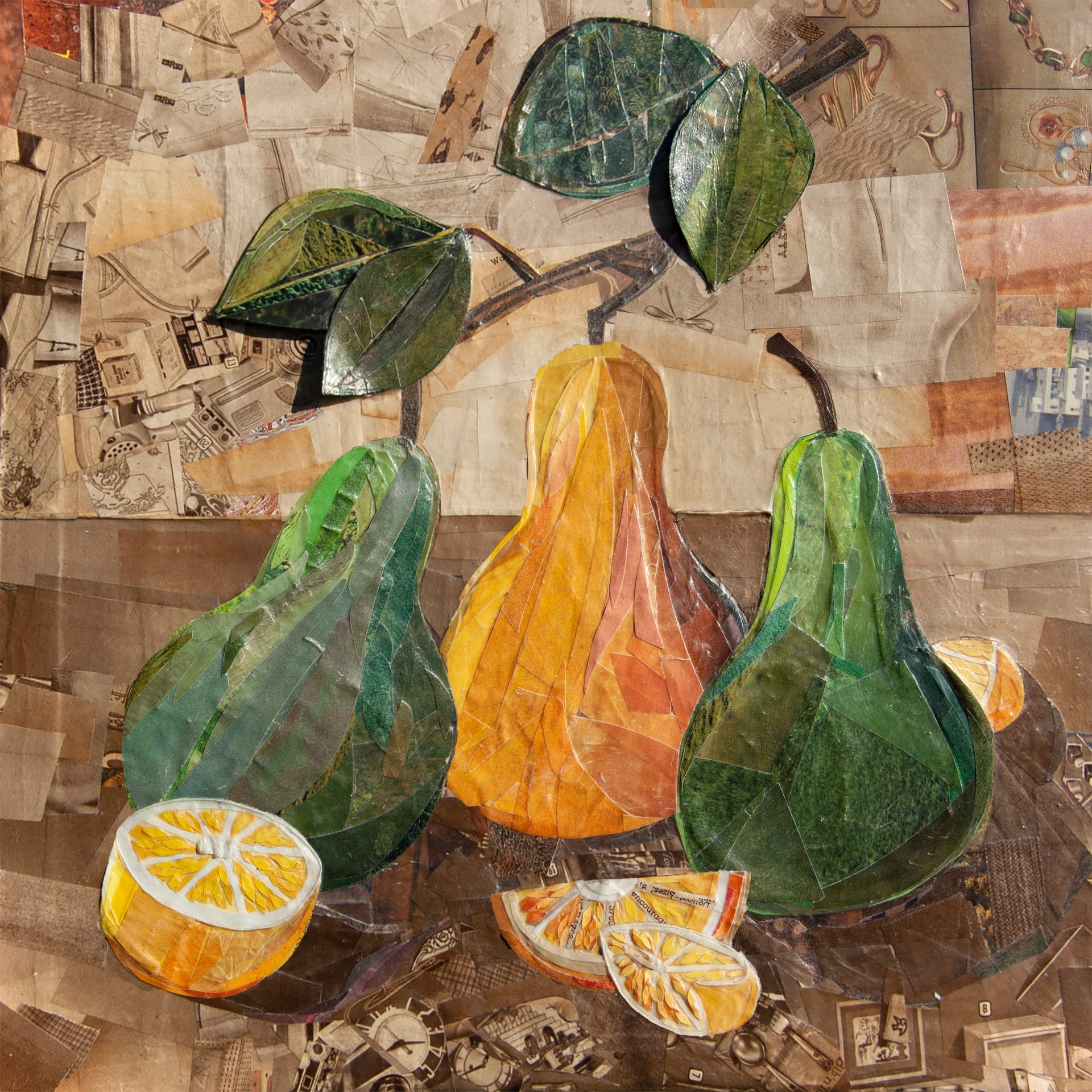 A group of pears with half a lemon next to it.