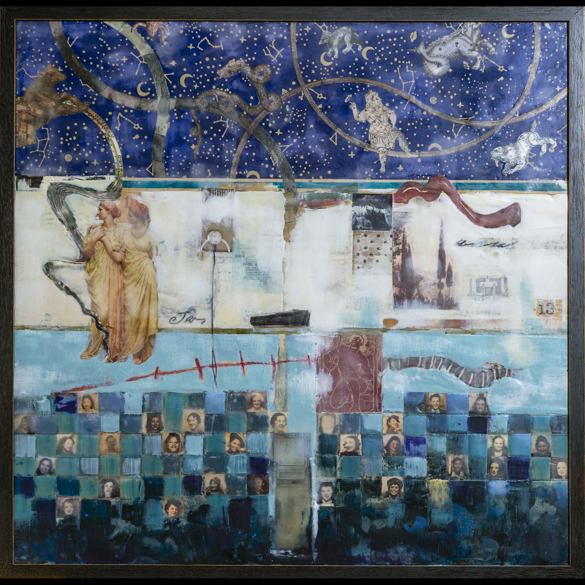 Many faces collaged together with constellations and tiles.