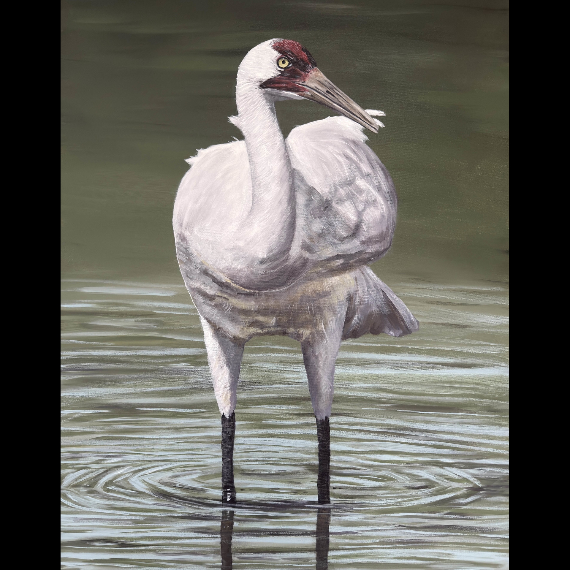 A painting of a crane standing in water.