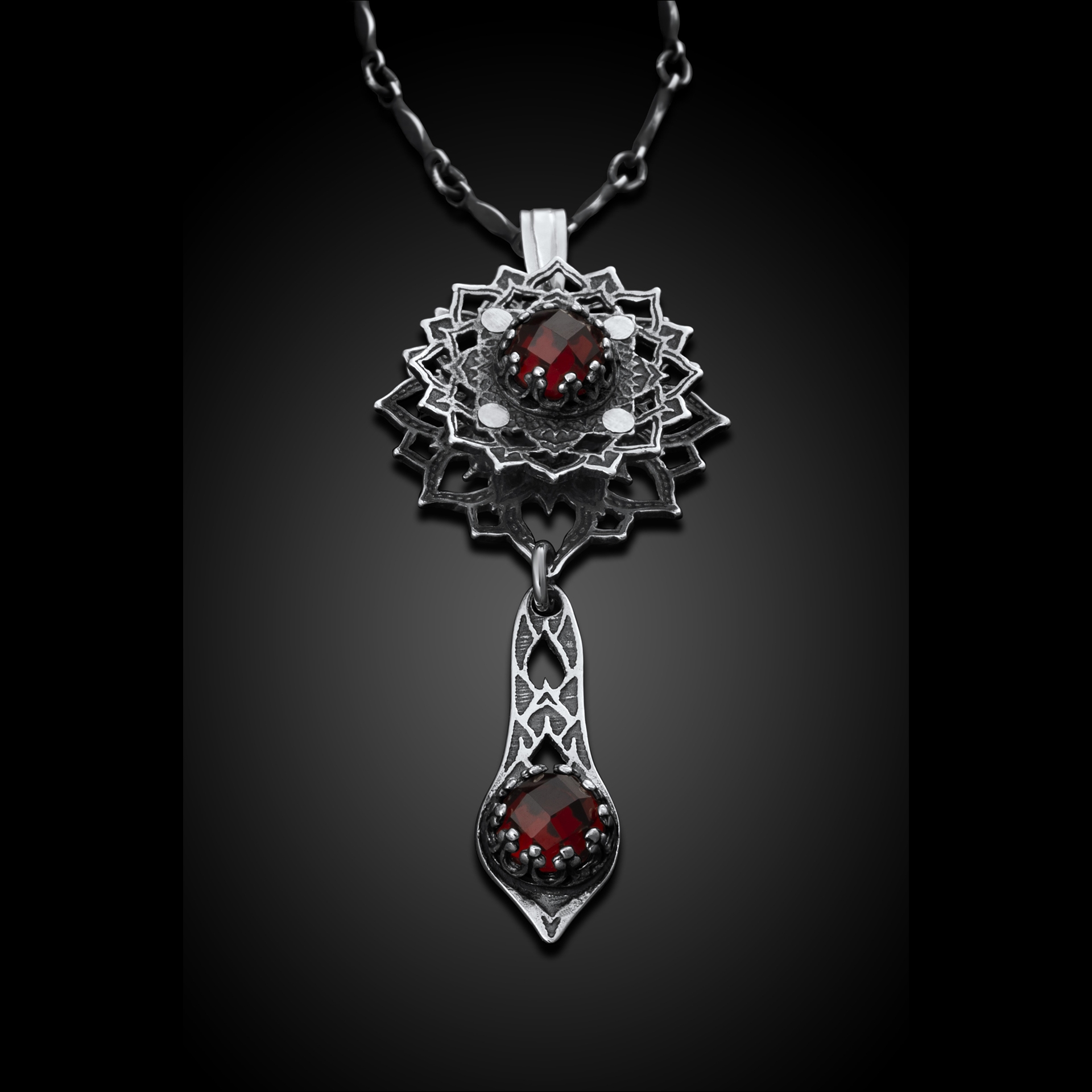 An Intricate necklace with brown stones.
