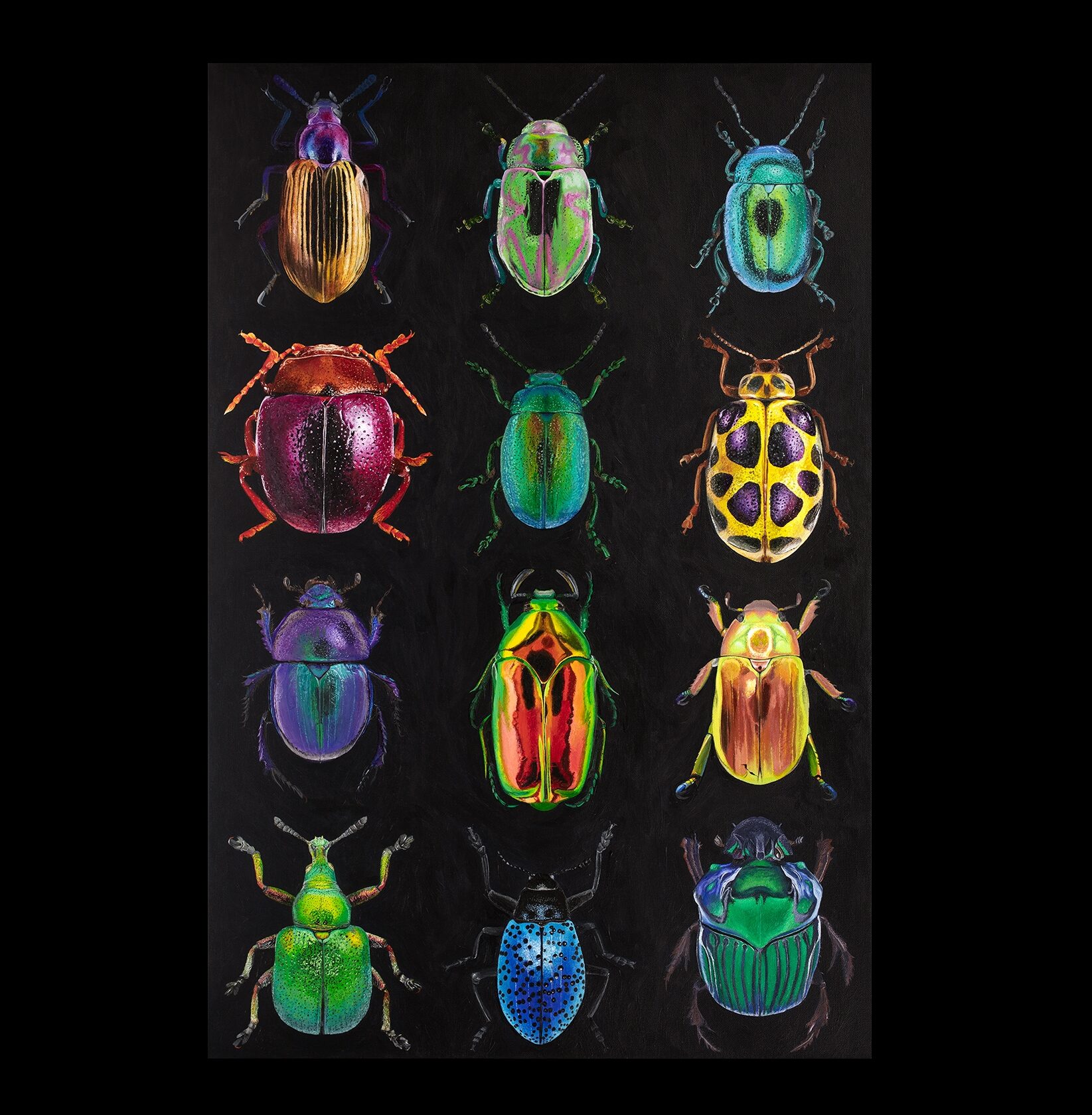 A painting of colorful bugs against a black background.