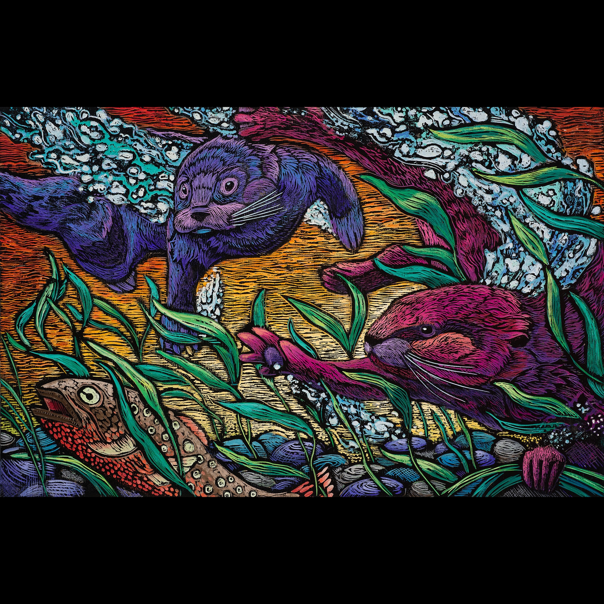 A colorful art piece of an otter and other river creatures.