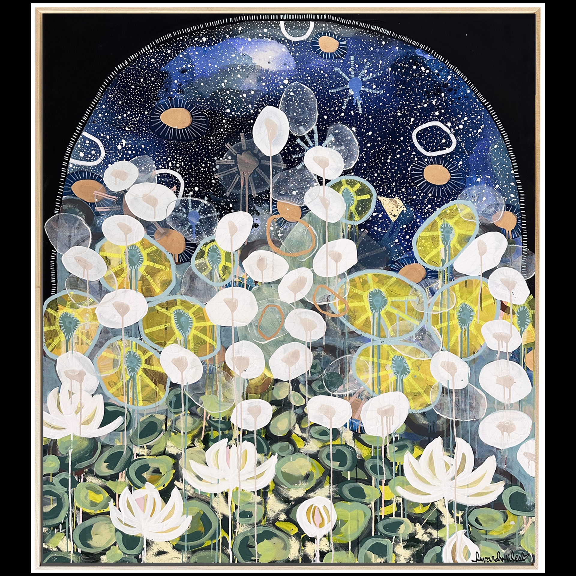 Many flowers against a night sky.