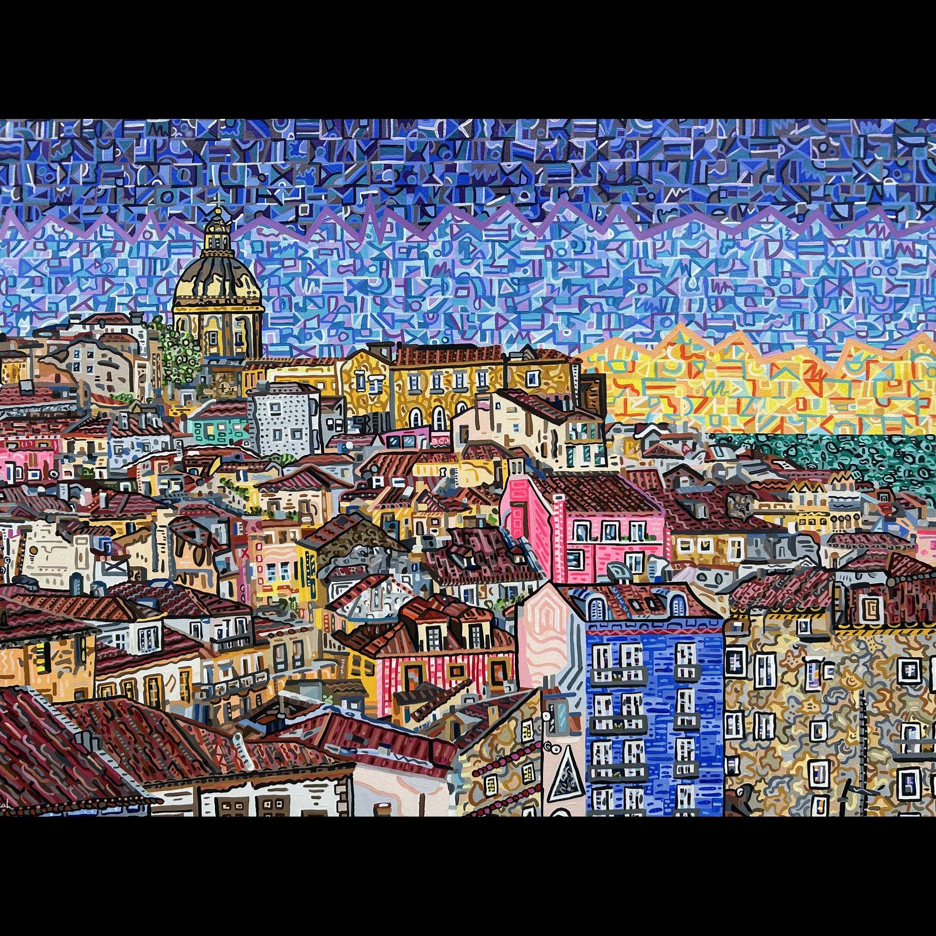 A pointillism style painting of a town.