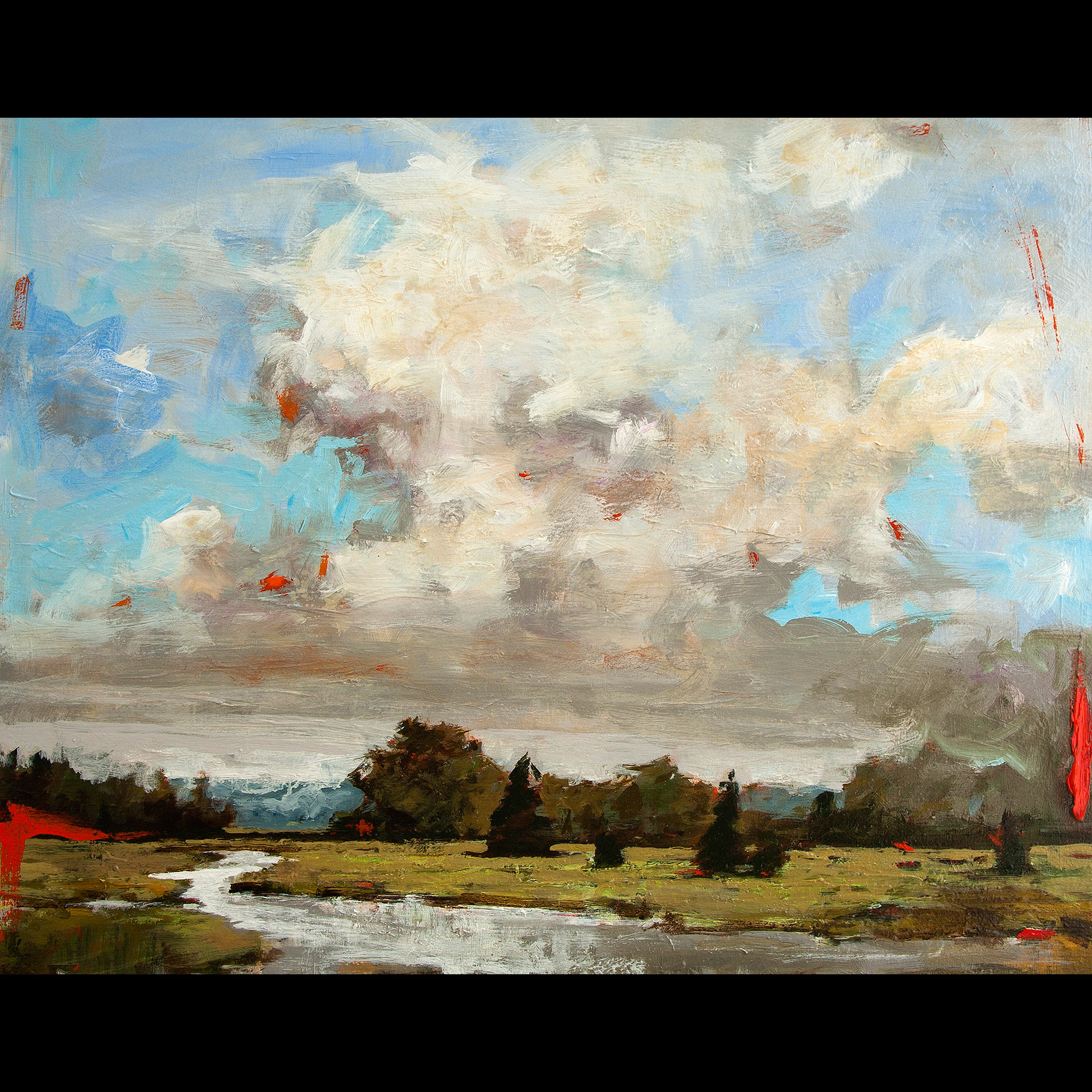 A painting of a landscape and clouds.