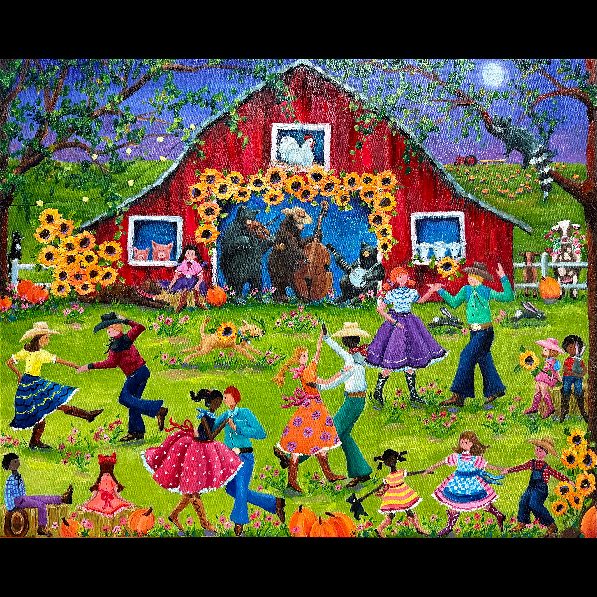 Many people dancing around a barn while a band of bears play instruments.